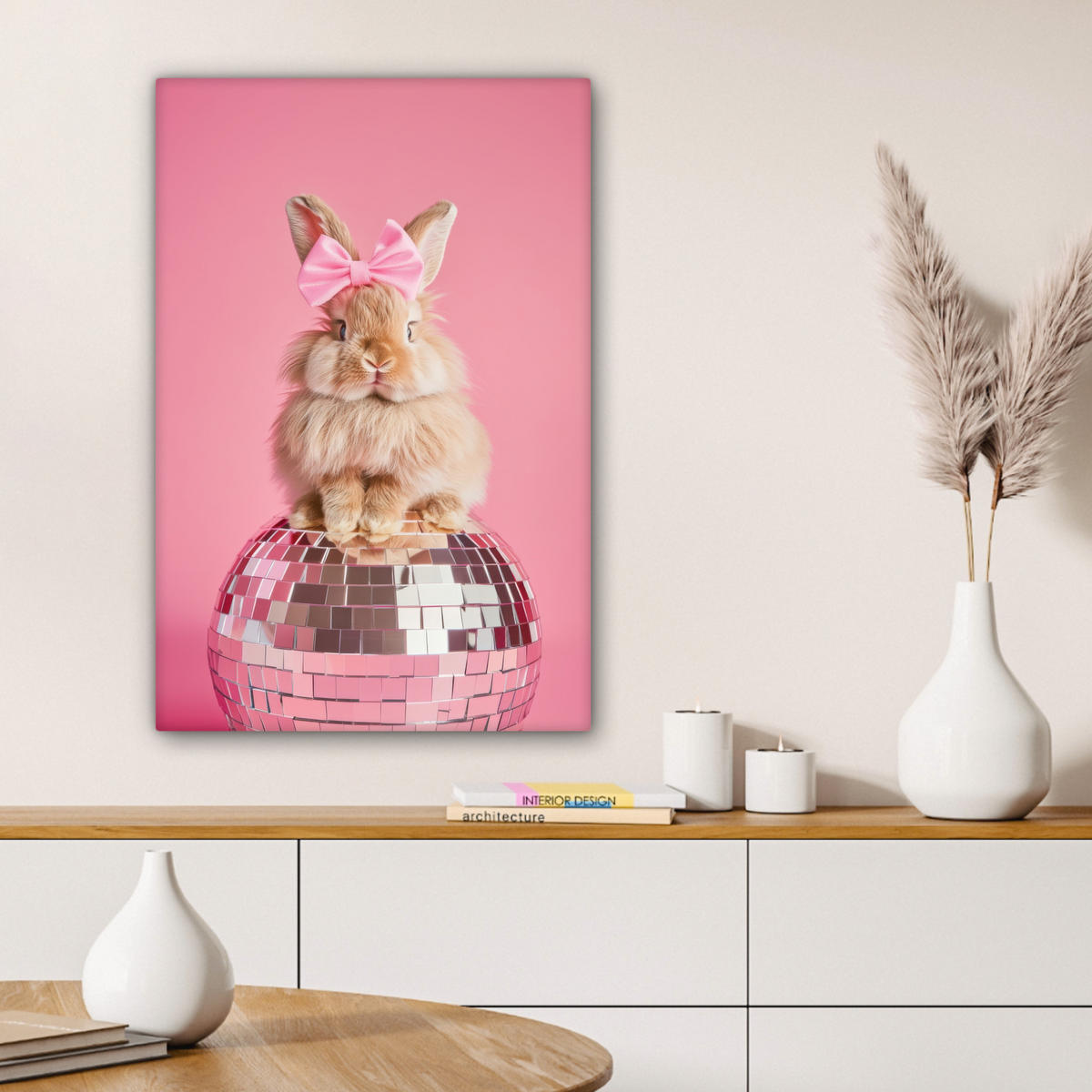 LEINWANDBILD Schleife - Discoball - Kaninchen Wanddeko 40x60 cm - Pink, Textil (40/60cm) - MuchoWow