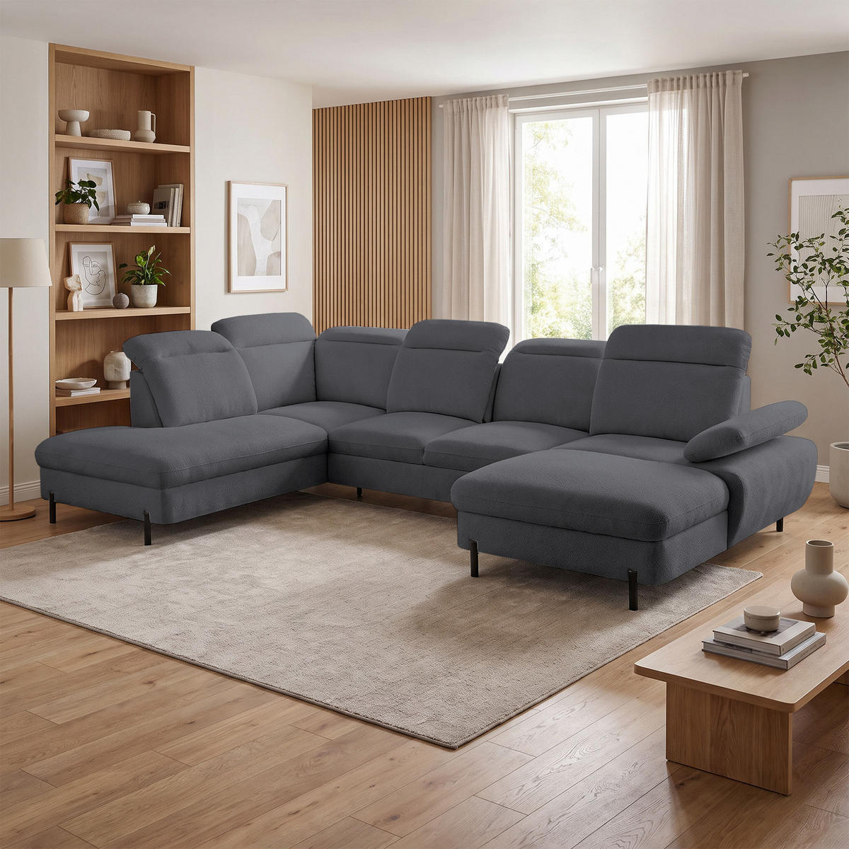 WOHNLANDSCHAFT Sora U mit Schlaffunktion und verstellbarer Sitztiefe, Kopfstützen und Armlehne, 365 cm, Anthrazit, Rechts - Anthrazit/Schwarz, Textil (365/107/235cm) - Beautysofa