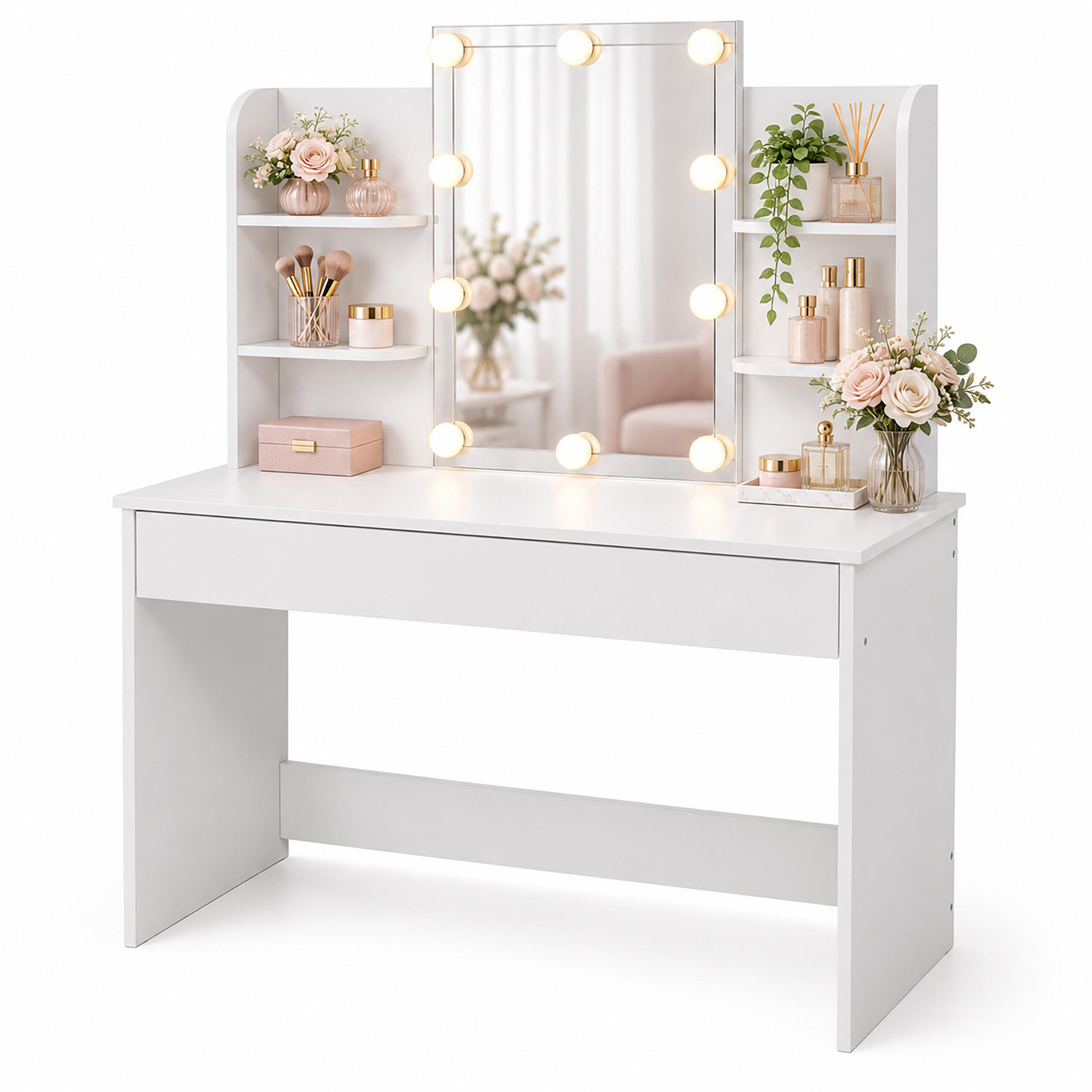SCHMINKTISCH Weiß mit Spiegel 10 LED - Weiß, Glas/Holzwerkstoff (108/140/40cm) - Relaxdays