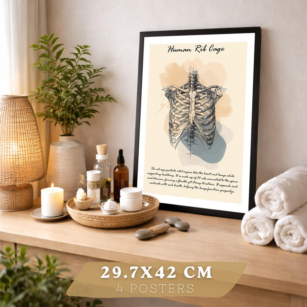 POSTER Set aus 4 Anatomie Mensch Lernposter Drucke und mit Muskeln Rücken Rippen Gehirn und Schädel Modernes Design Größe Schwarzer Rahmen A3 - Schwarz, Papier (29.7/42/3cm) - Nacnic