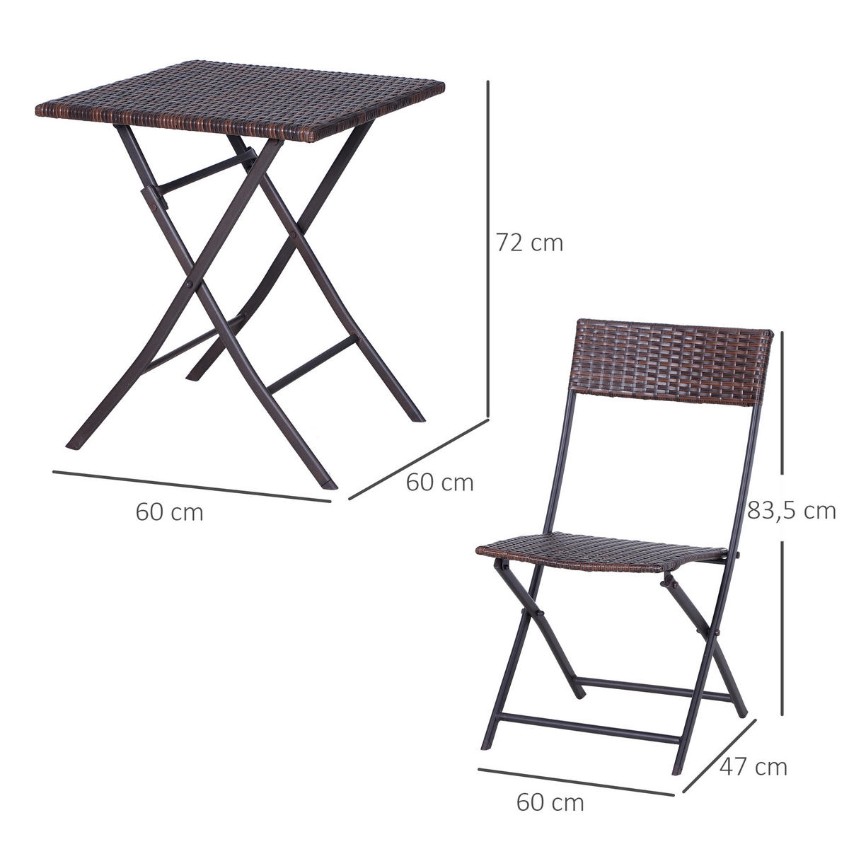 BISTROSET Polyrattan, 3tlg. Balkonmöbel Set, Sitzgruppe, Essgruppe, Gartenmöbel - Braun, Metall - Outsunny