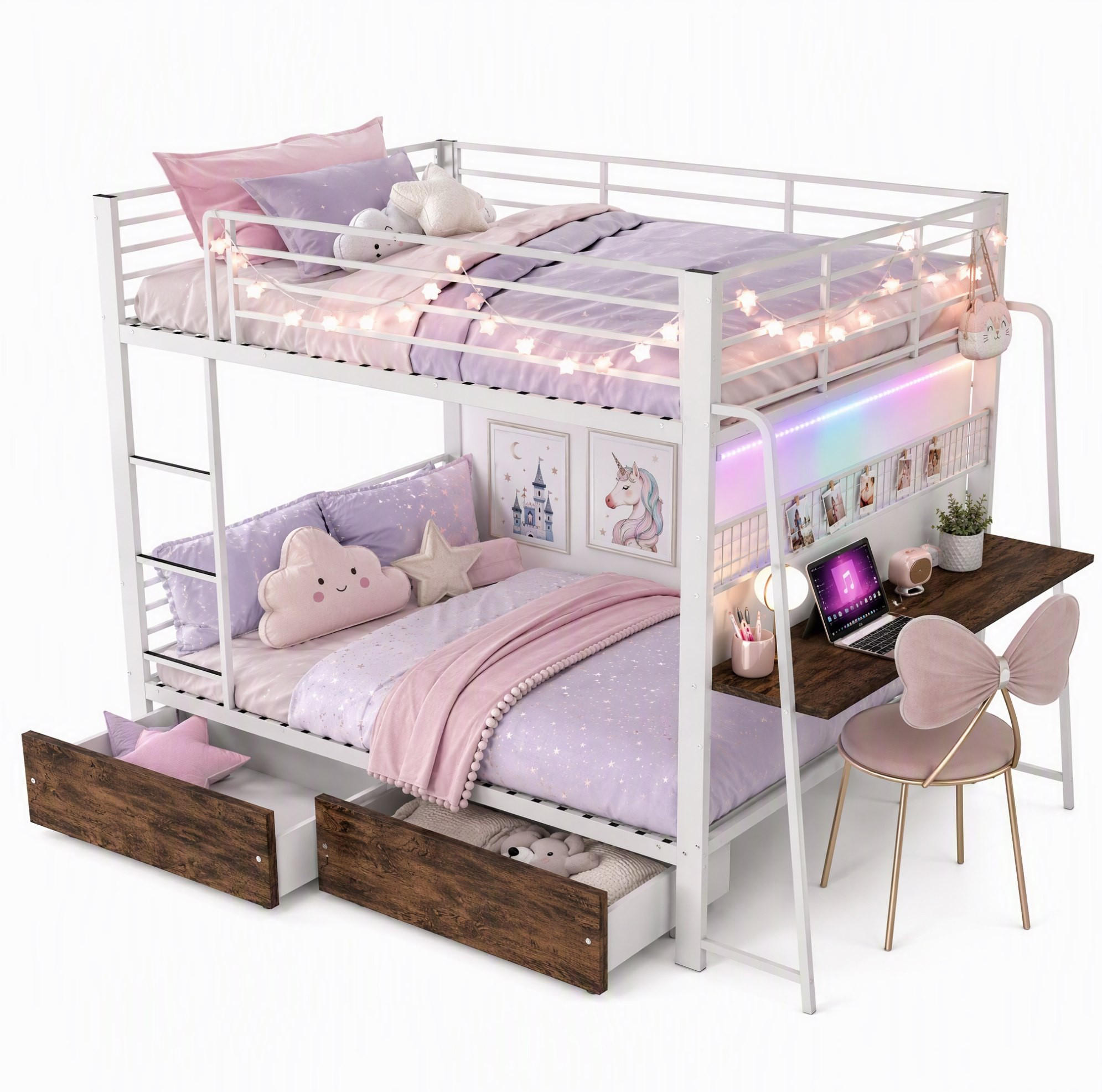 HOCHBETT aus Metall und MDF 140x200 cm Mattweiß mit Schreibtisch, RGB-LED, Steckdosenleiste und Schubladen - Weiß, Holzwerkstoff (140/200cm) - Modfu
