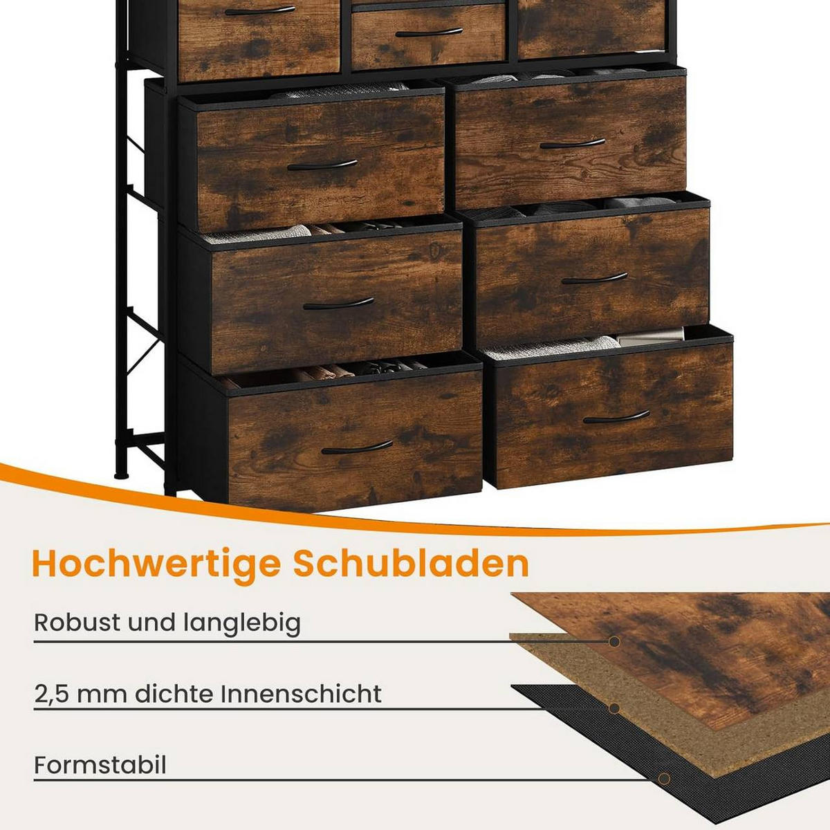 KOMMODE mit 10 Schubladen, Industrial Stil, Vintagebraun - Dunkelbraun/Schwarz, Holzwerkstoff/Textil (100/100/30cm) - Woltu
