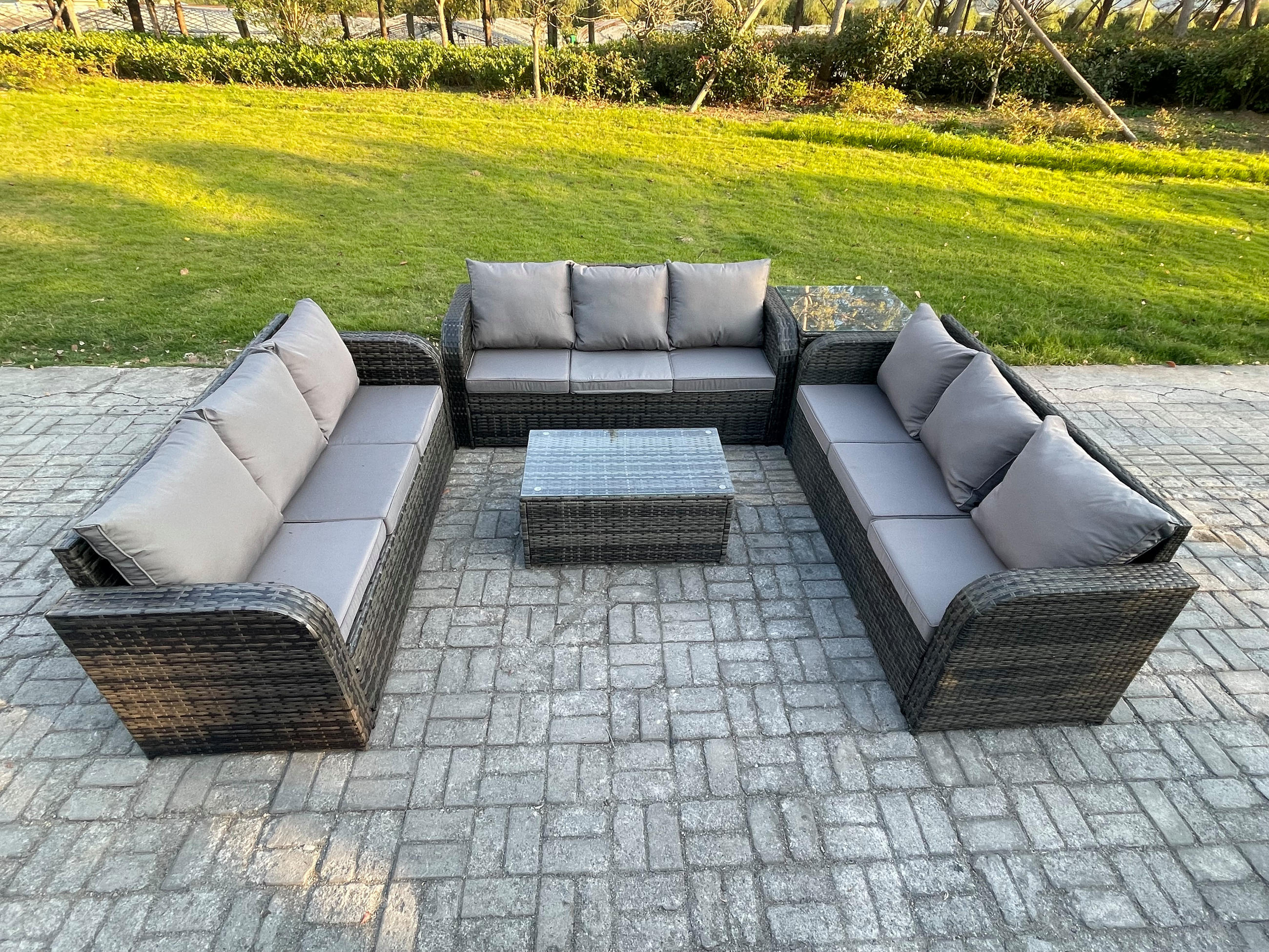 GARTENMÖBELGARNITUR mit KISSEN Polyrattan Dunkelgrau 9-Sitzer - Dunkelgrau/Grau, Glas/Kunststoff - Fimous