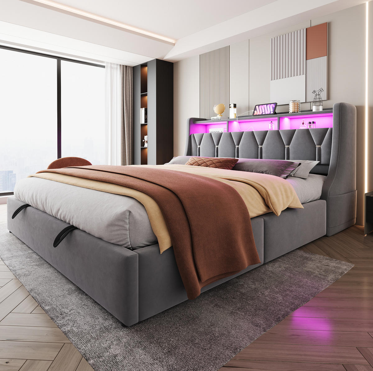 POLSTERBETT 180/200 cm Grau aus Samt mit Bettkasten, LED-Beleuchtung und USB - Grau, Textil (180/200cm) - Flora Grace