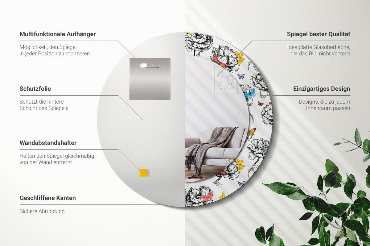 SPIEGEL Rund Ø 50 cm mit Aufdruck - Multicolor, Glas (50/50/0.4cm) - Wallfluent