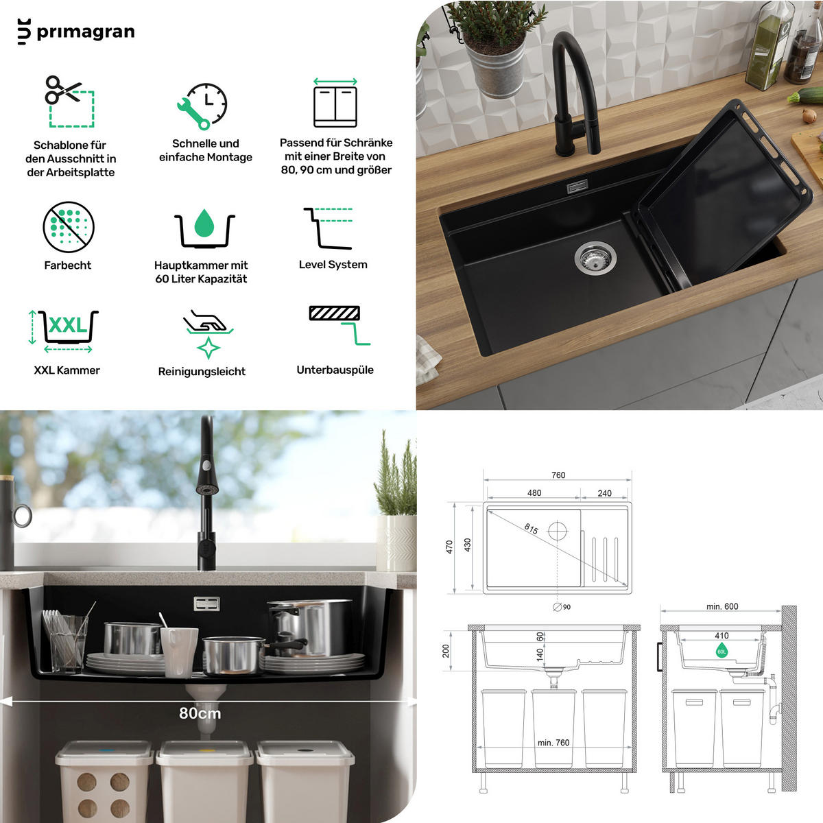 UNTERBAUSPÜLE GRANIT Praga, 2-er set Weiß 76/47 cm 1 Becken + Küchenarmatur 38/14 cm + Ablauf-Set + Aufrollbare Abtropffläche ab 80er Unterschrank - Chromfarben/Weiß, Kunststoff (76/20/47cm) - Primagran