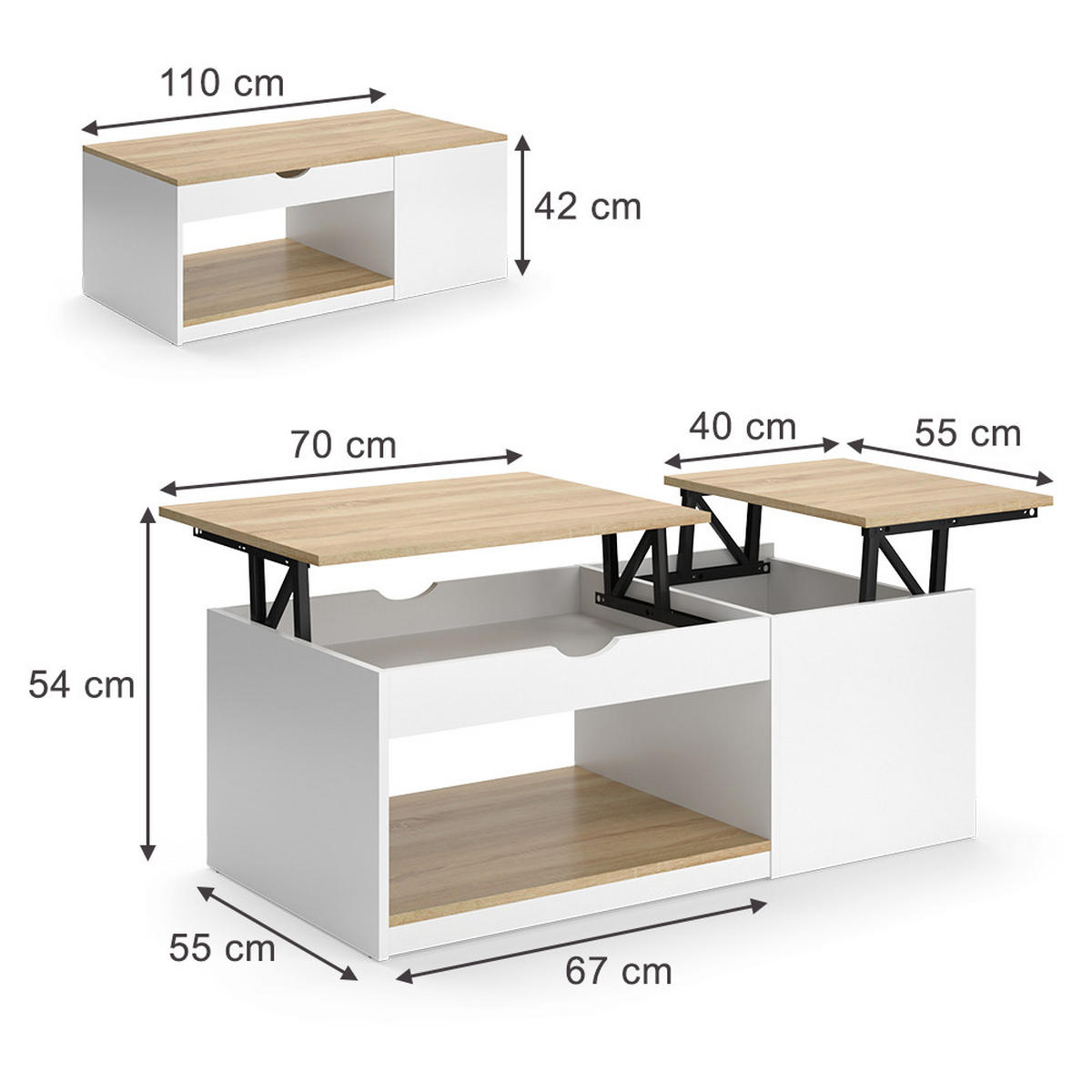 COUCHTISCH Avela Weiß/Sonoma 55 x 110 cm - Weiß, Holzwerkstoff (110/55/54cm) - Vicco