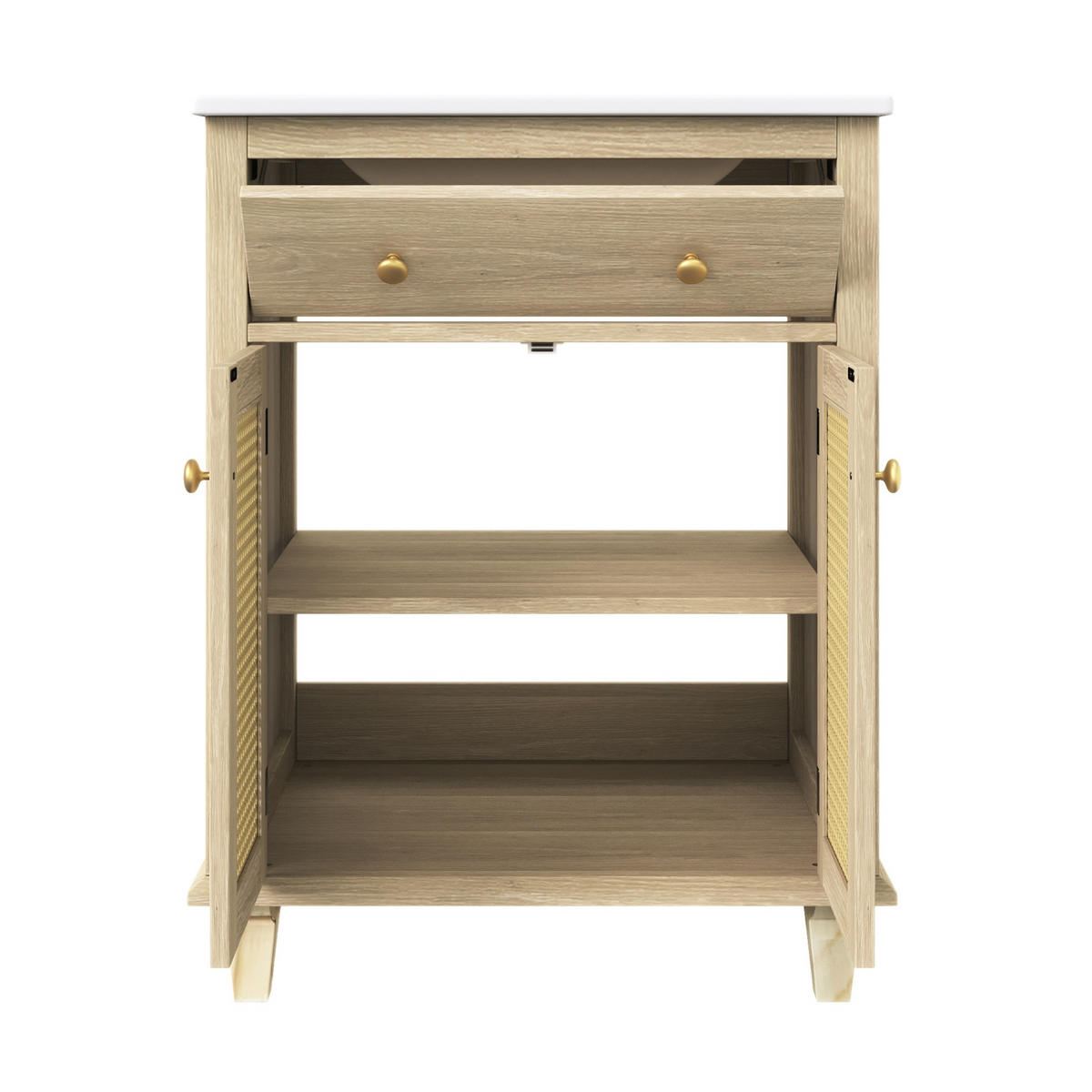 WASCHTISCHKOMMODE aus Keramik und MDF 61x47x87 cm Naturholzoptik mit Klappschublade und Rattan-Türen - Eichefarben, Keramik (61/87/47cm) - Modfu