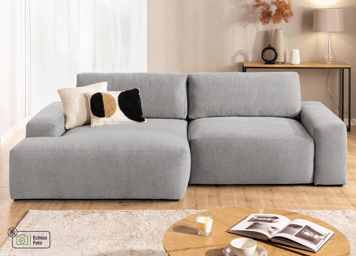 ECKSOFA Lennon aus Hellgrau Strukturstoff mit Schlaffunktion und Bettkasten - Hellgrau/Schwarz, Holz/Kunststoff (137/264cm) - S-Style