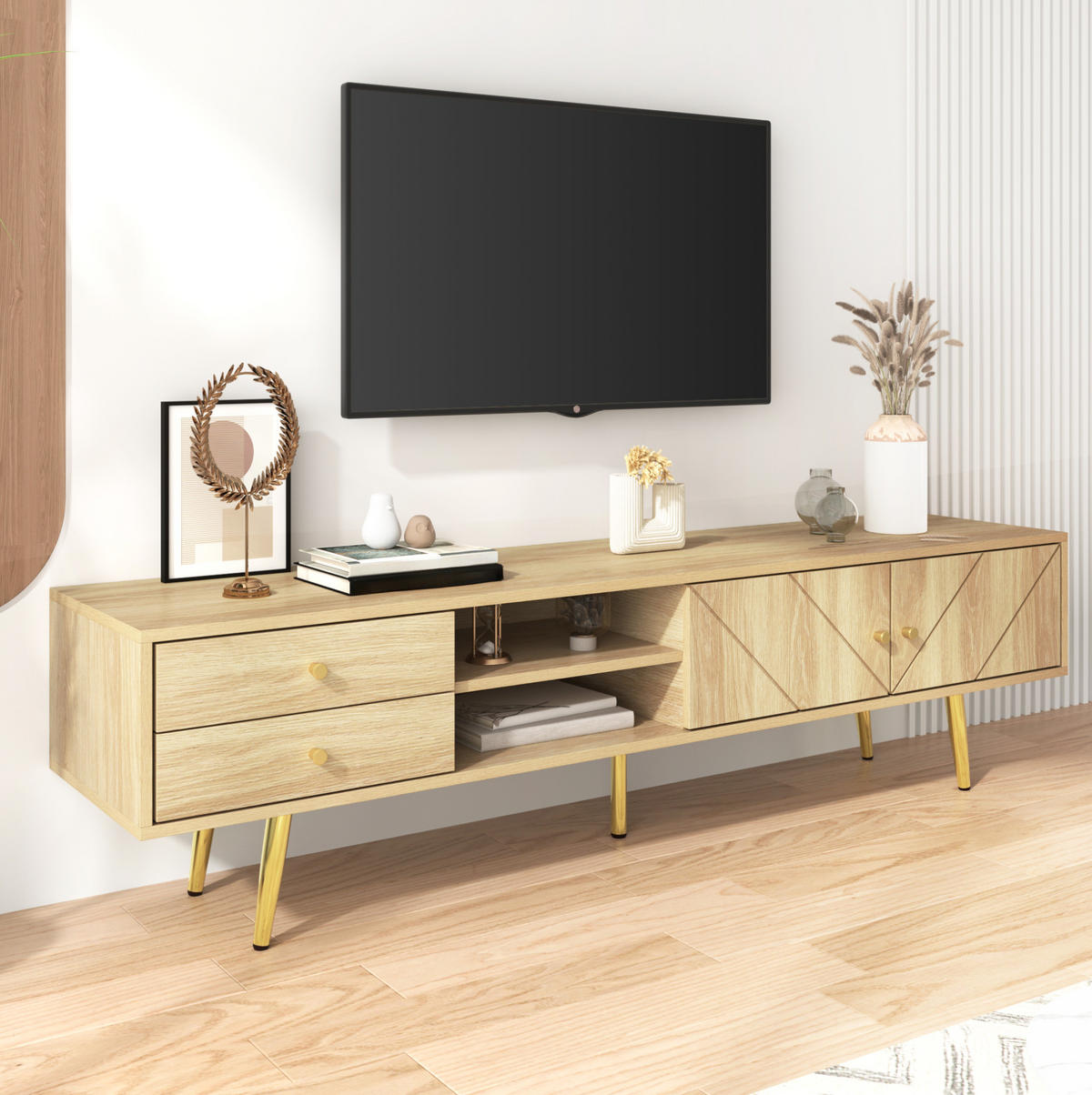 TV-BOARD aus MDF und Spanplatte 160x36x42 cm Holzfarbe mit 2 Schubladen, 2 Türen und offenen Fächern - Braun, Holzwerkstoff (160/42/36cm) - Modfu