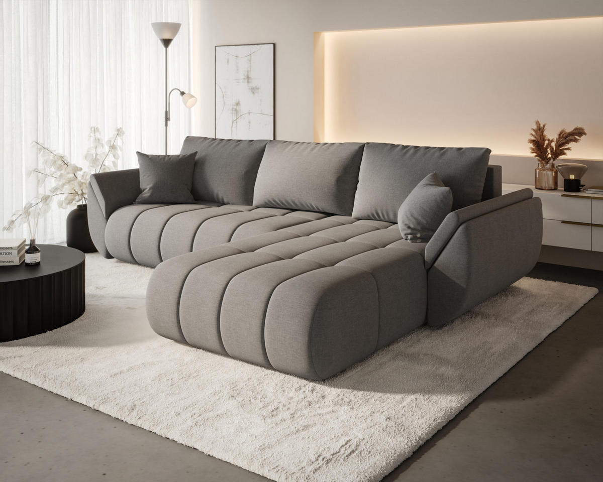 ECKSOFA TOKYO PREMIUM mit Schlaffunktion, Stoff WIND, Braungrau, Rechts - Grau, Holz (280/190cm) - Kaiser Möbel