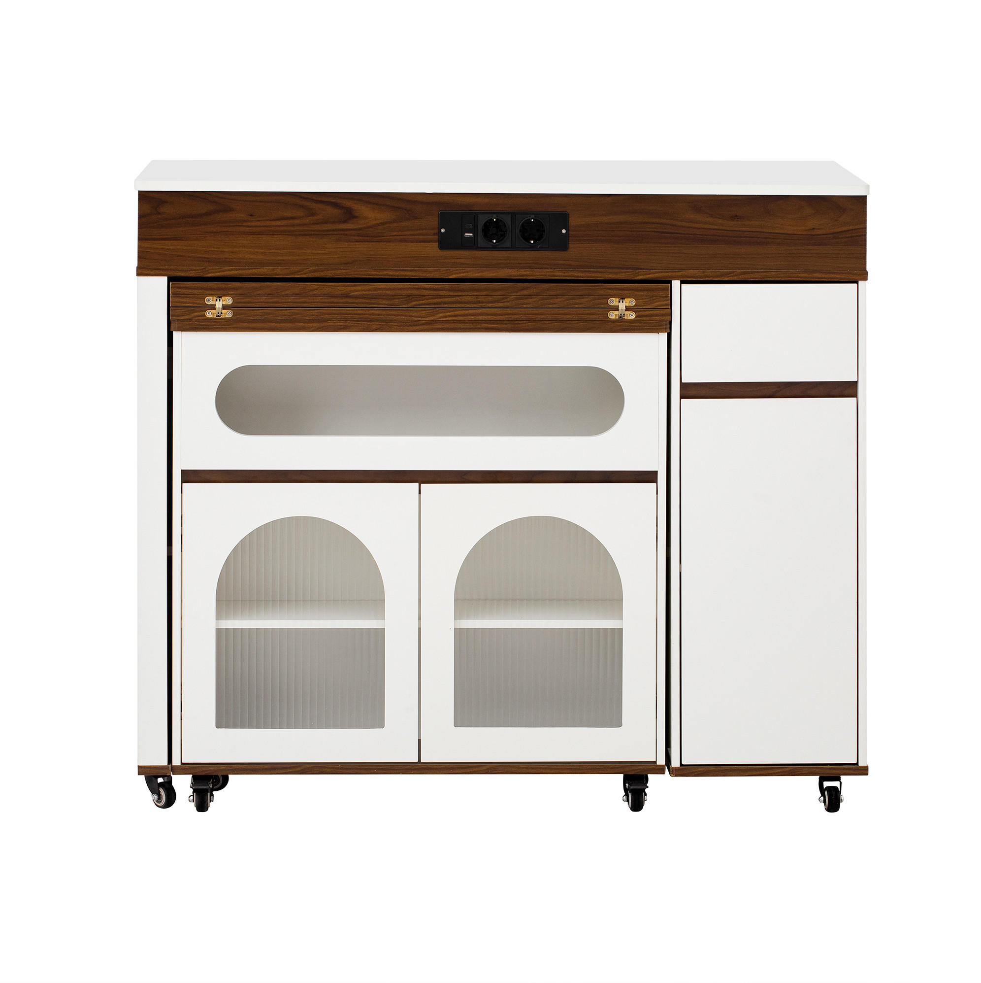 OKWISH KUCHYŇSKÝ ostrůvek 187,5/110,5/95,5 cm bílá a ořechová z MDF s výsuvnou deskou a zásuvkami