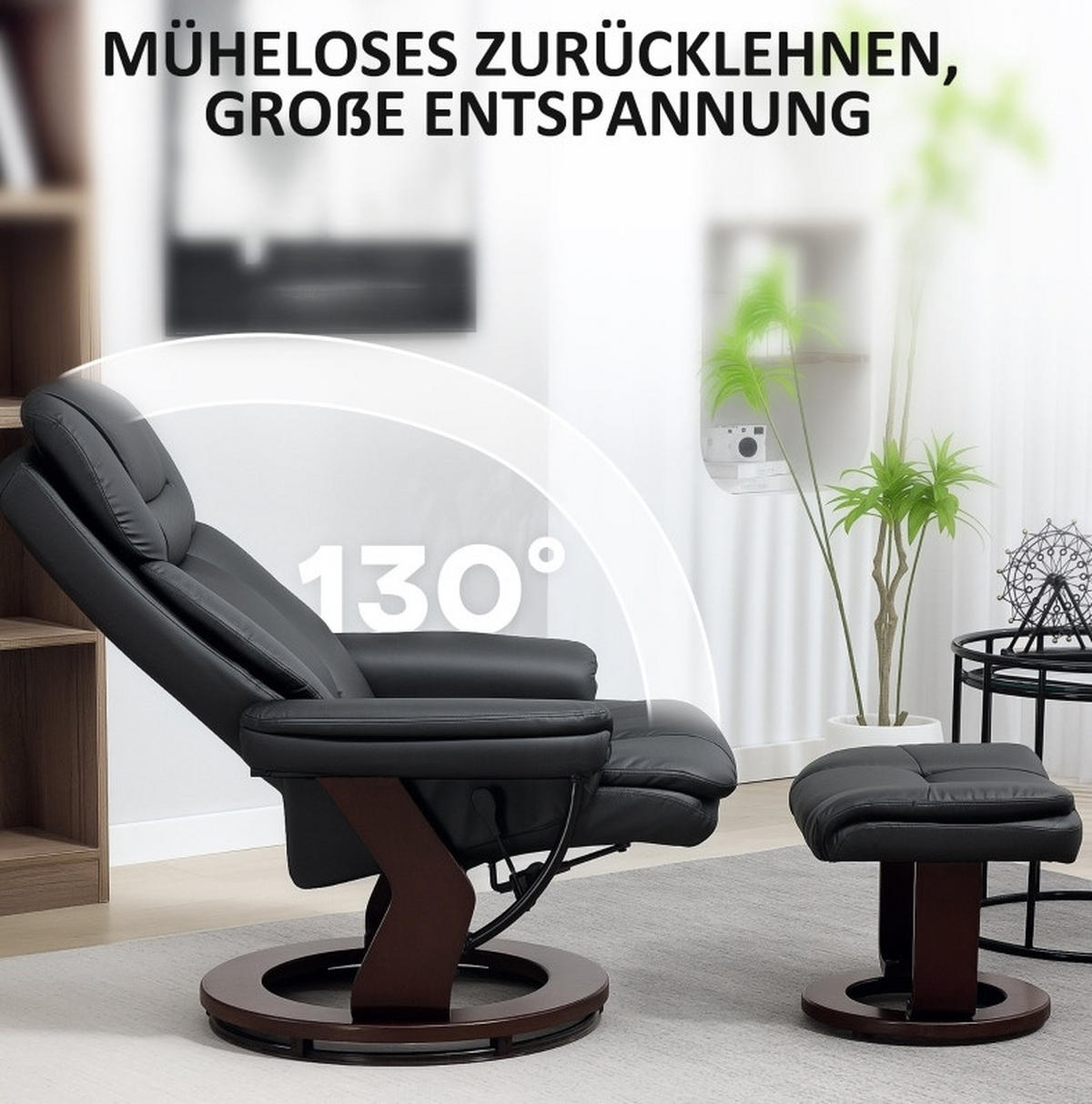 RELAXSESSELSET 86/83/107 cm in Schwarz mit Hocker und Liegefunktion - Schwarz, Kunststoff (83/107/86cm) - Flora Grace