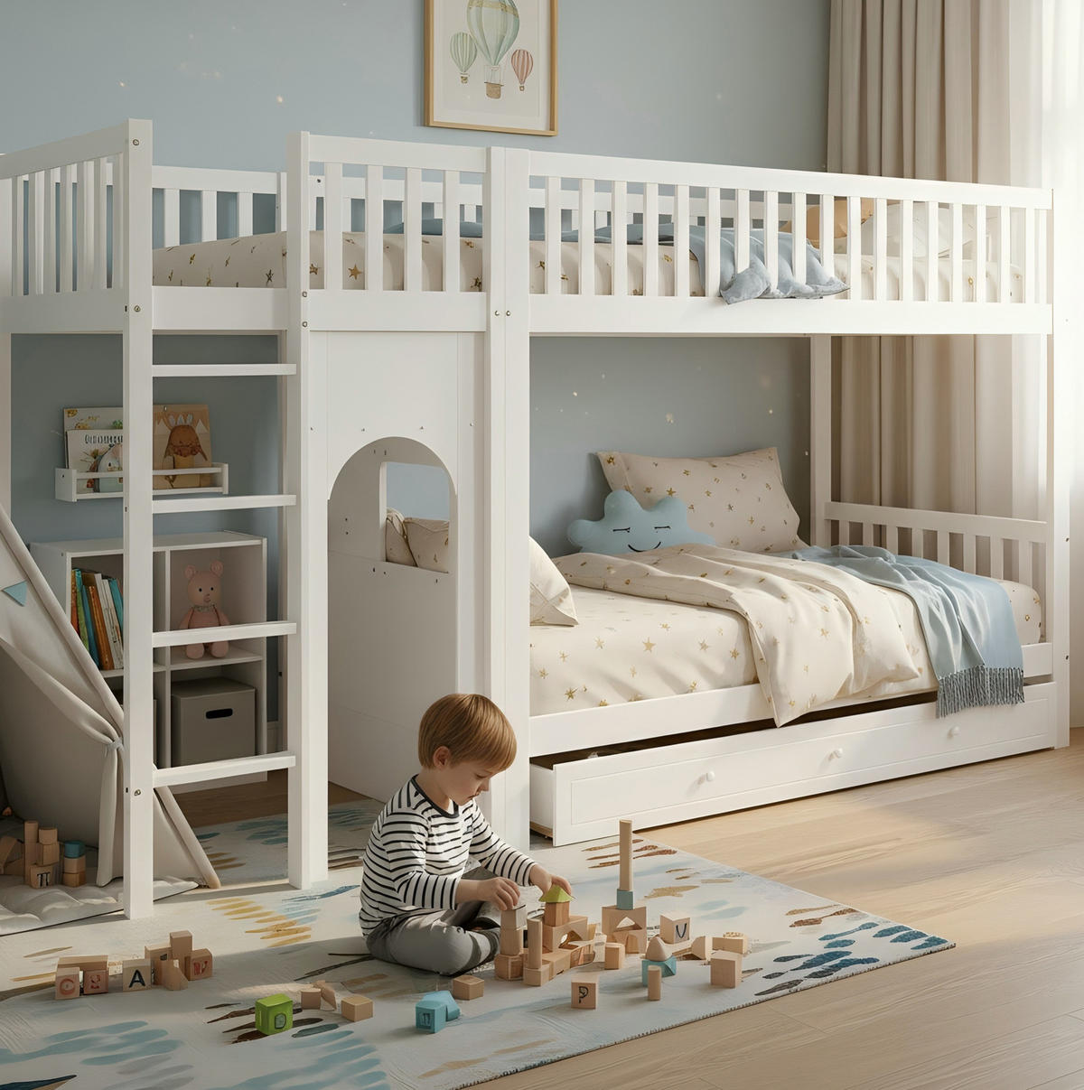 ETAGENBETT 90/200 cm aus Massivholz und MDF mit 4-stufiger Leiter und Rundum-Absturzschutz, Weiß/Natur - Weiß, Holz (90/200cm) - Redom
