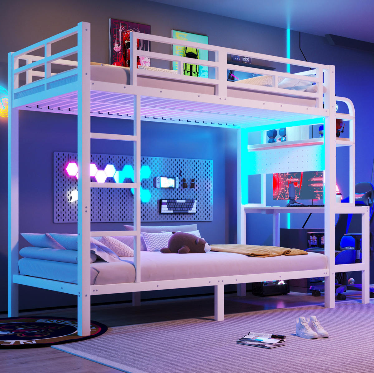ETAGENBETT 90/200 cm aus Metall mit Schreibtisch, LED-Lichtleiste, USB-Anschluss, Weiß - Weiß, Metall (90/200cm) - OKMYHOME