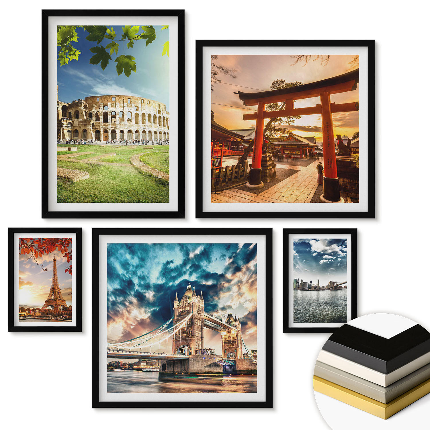 WANDBILDER 5er-Set - 50x50 cm & 20x30 cm & 40x60 cm Schwarzer Rahmen - Entspannende Zen-Steine für inneren Frieden - Schwarz, Kunststoff (40/60cm) - ArtPrintCave