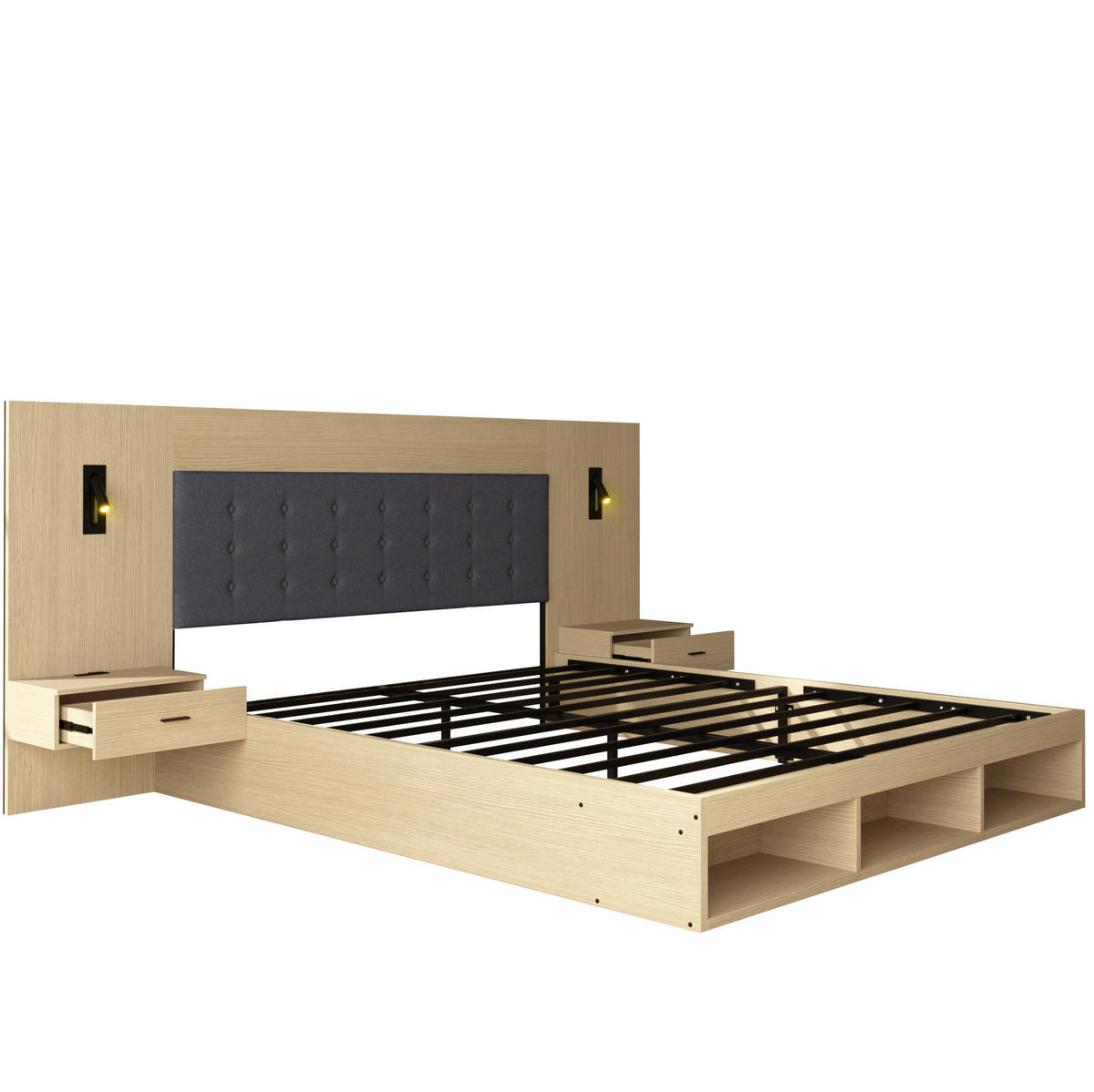 POSTEĽ 160/200 cm, MDF, svetlý dub, s úložným priestorom a LED osvetlením - farba duba, kompozitné drevo (180/200cm) - BEAOK