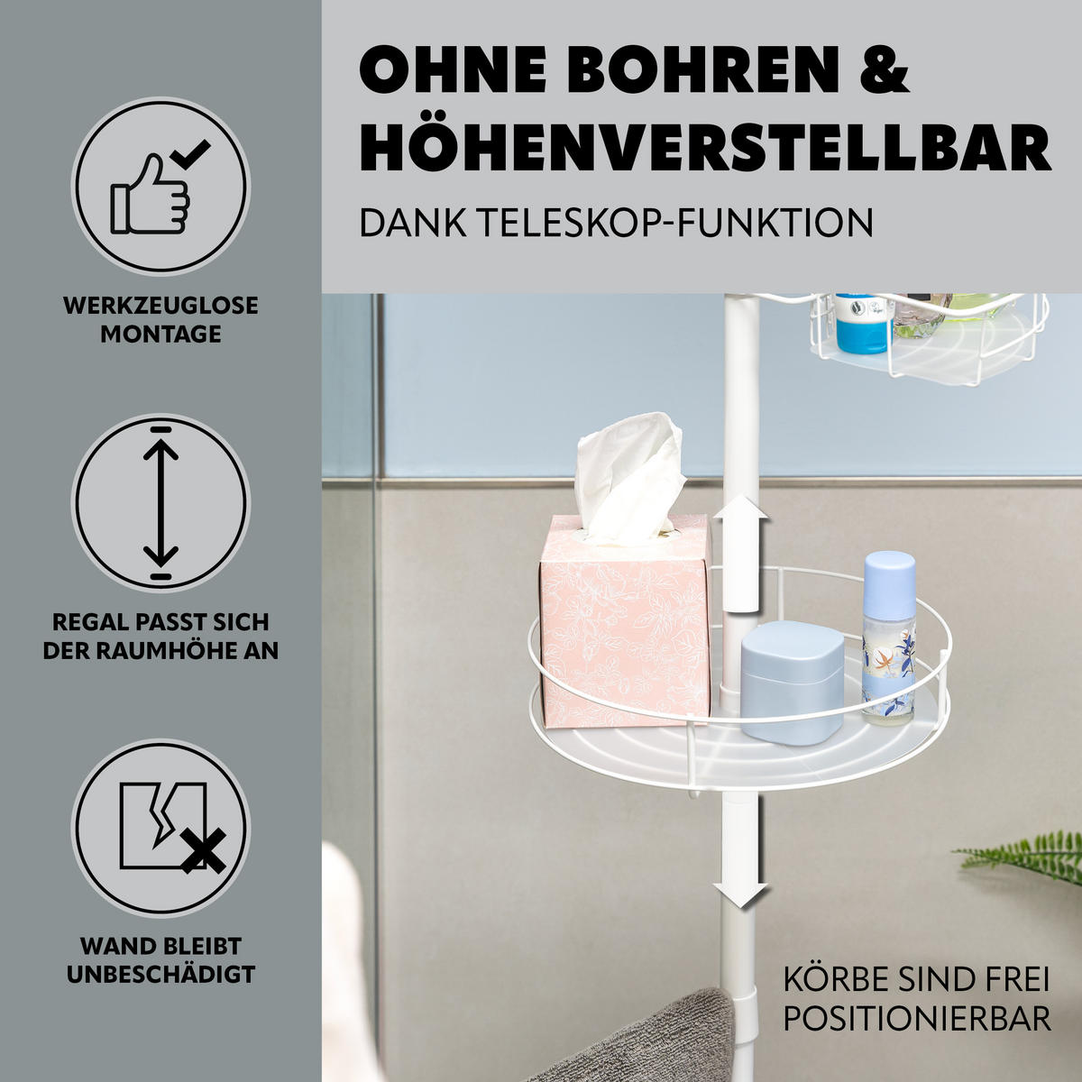 TELESKOP-BADREGAL, ausziehbar bis max. 290 cm, Metall, weiß - Weiß, Metall (31.5/290/31.5cm) - bremermann