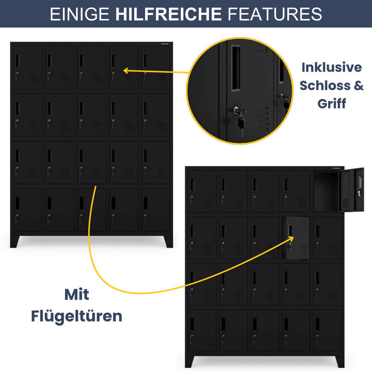 SCHLIESSFACHSCHRANK Spind TAMPA 20 Fächer172x136x45cm Schwarz - Schwarz, Metall (136/172/45cm) - DELUKE