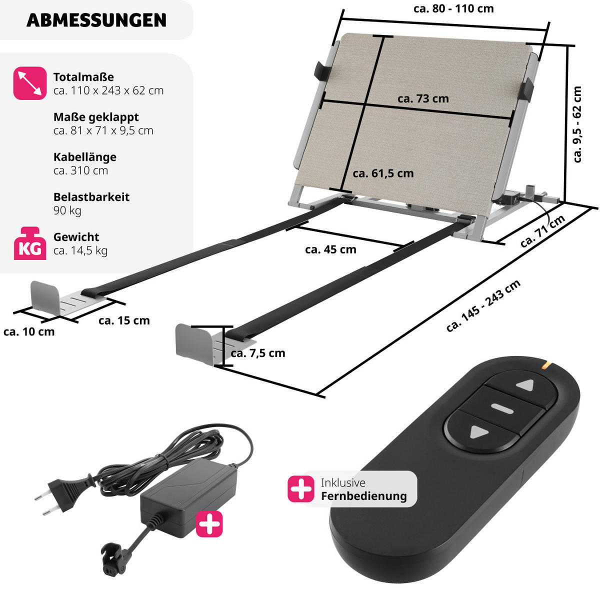 RÜCKENLEHNE Elektrisch Cosy Glide,Polyesterbezug, 110 x 243 x 62 cm,grau - Grau, Textil - tectake