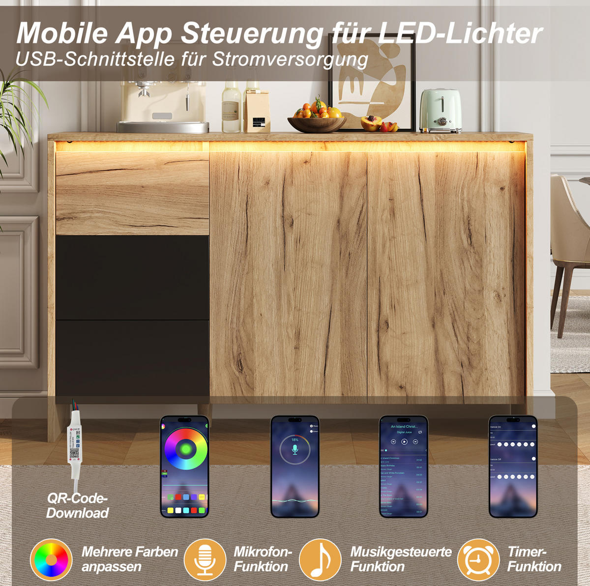SIDEBOARD aus Spanplatte 105x40x76 cm Natur/Schwarz mit LED-Beleuchtung, 3 Schubladen und 2 Türen - Schwarz, Holzwerkstoff (120/76/40cm) - Modfu