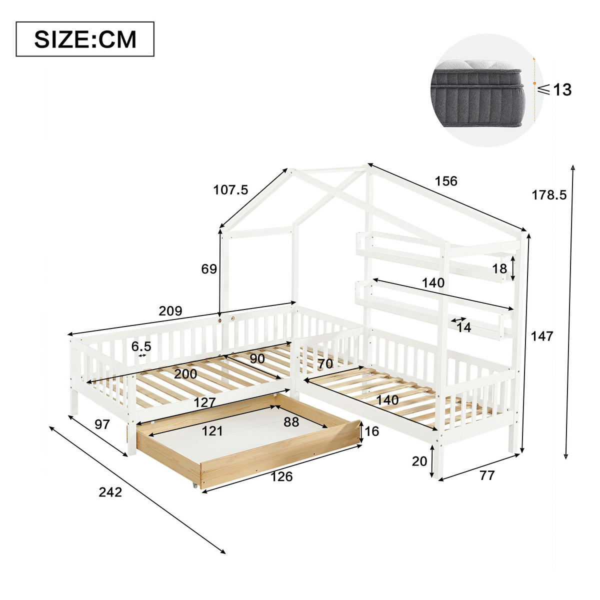 HAUSBETT 90/200+140/70 mit Schubladen und Regalen in Weiß - Weiß, Holzwerkstoff (90/200cm) - EVRYAE