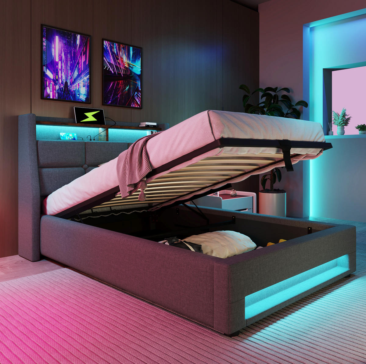 POLSTERBETT mit LED-Beleuchtung 90/200 cm mit USB, Bettkasten & Lattenrost - Grau, Textil (90/200cm) - BEAOK