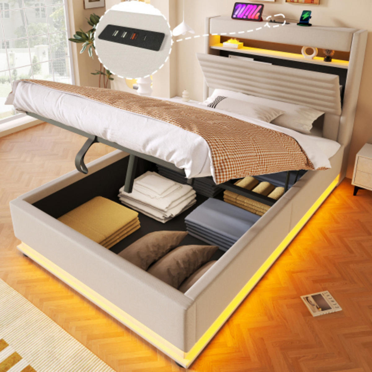 POLSTERBETT beige 218×92,5×113 cm aus Leinen-Stoff mit Hydraulik-Stauraum, doppelte LED-Leisten - Beige, Textil (90/200cm) - Luhomfu