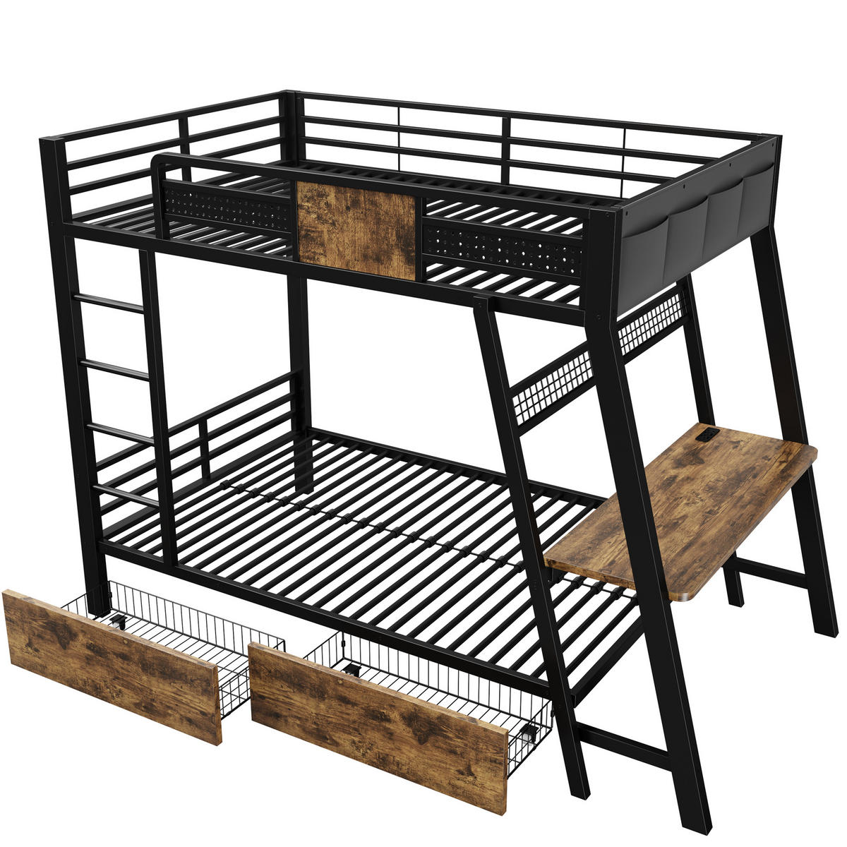 ETAGENBETT Schwarz 90×200cm mit Gaming-Schreibtisch, Steckdosen, LED-Lichtband und Stauraum - Schwarz, Metall (90/200cm) - Luhomfu