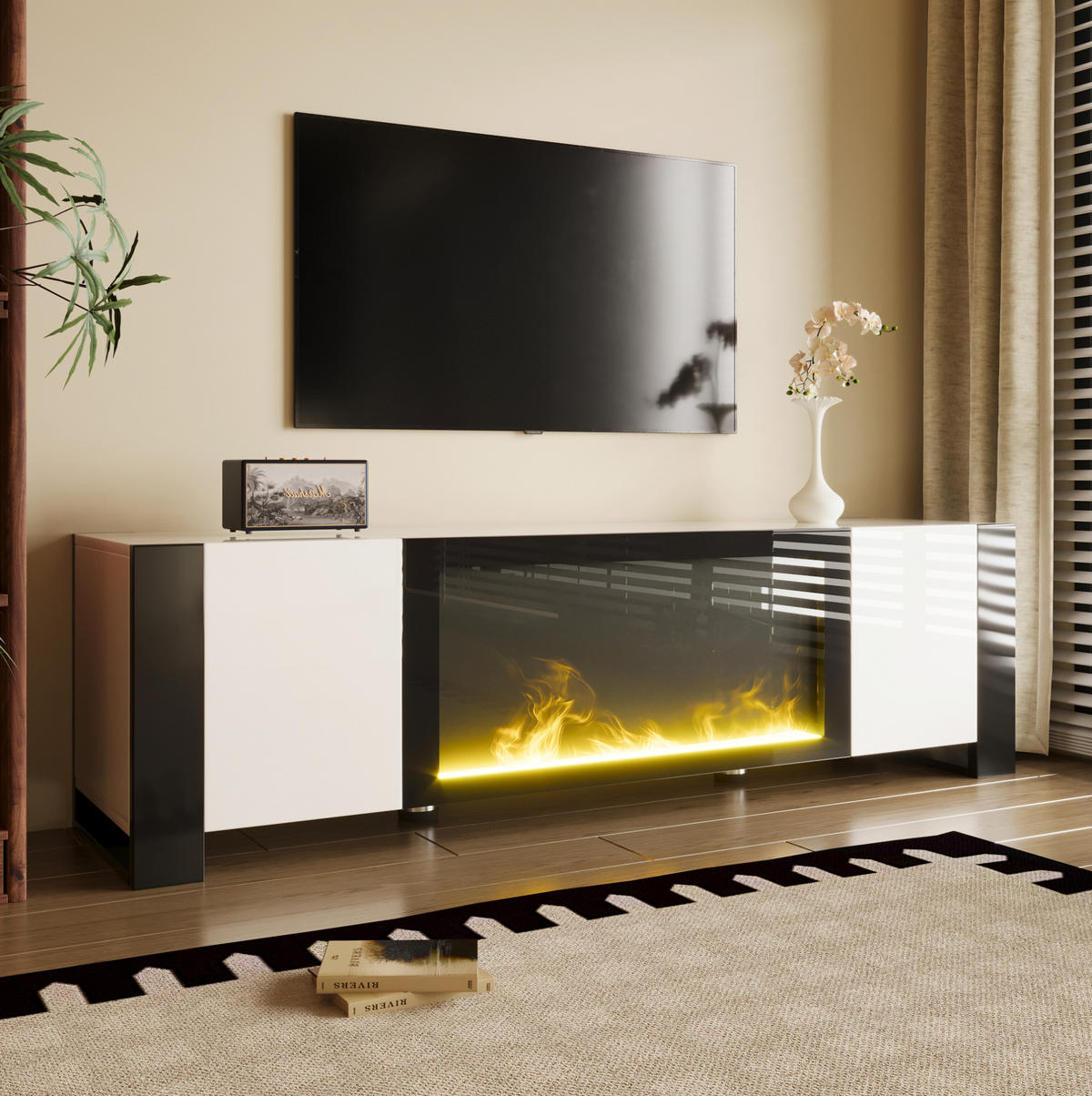 TV-SCHRANK aus Spanplatte 165x32x55 cm Weiß/Schwarz mit Elektrokamin, Hochglanzfront und Push-to-open - Schwarz, Holzwerkstoff (165/55/32cm) - Modfu