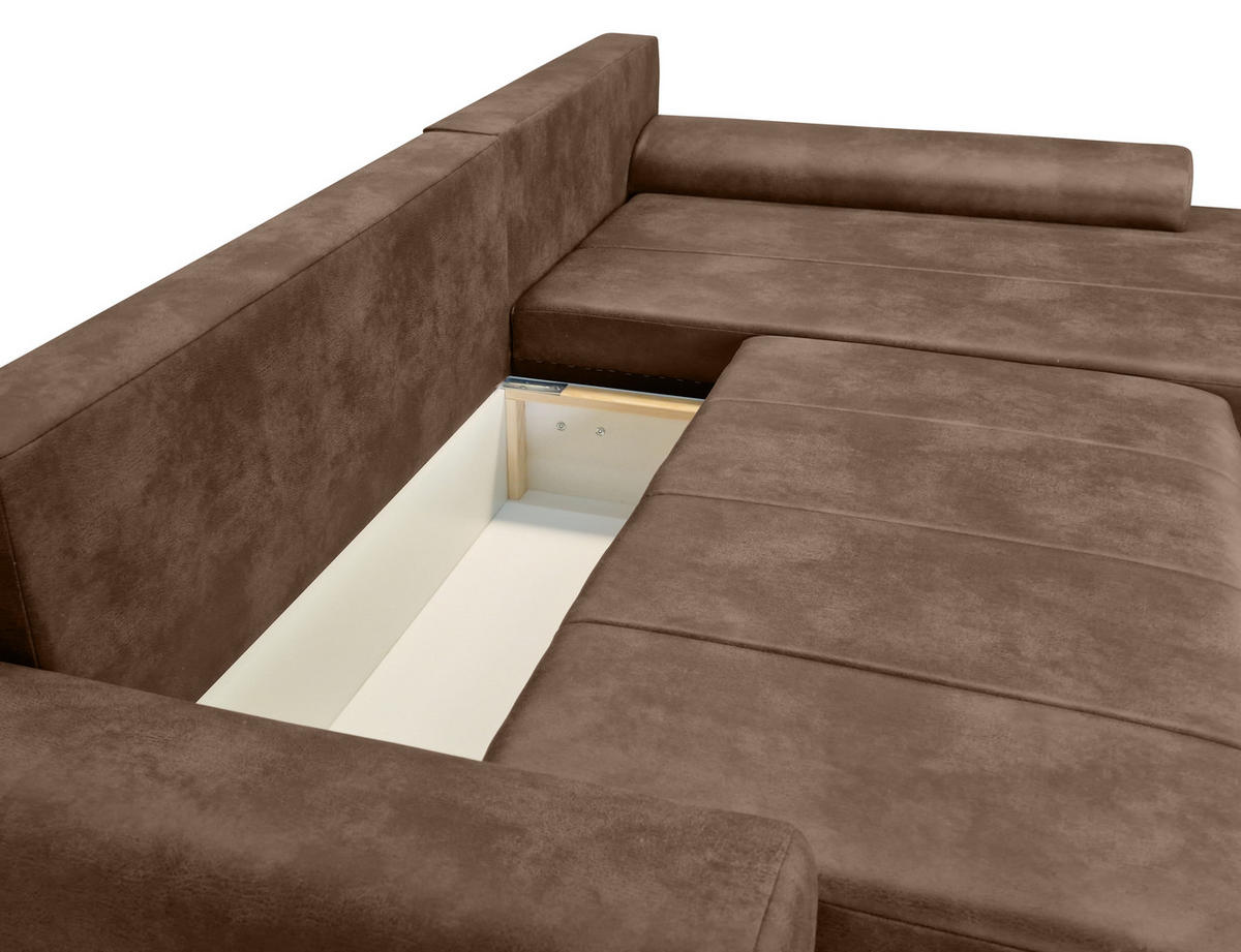 ECKSOFA mit Schlaffunktion, Bettkasten, Wellenunterfederung, Ottomane rechts B266/T186/H90 cm, Mikrofaser Leder-Optik Vintage Braun / 18011 - Schwarz/Braun, Kunststoff/Textil (266/186cm) - luma-home