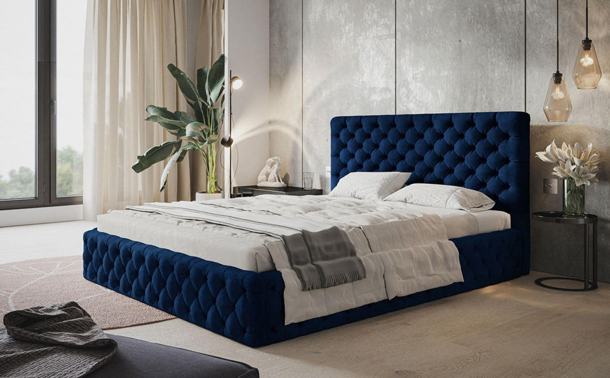 POLSTERBETT MIAMI SLIM, 120 x 200 cm mit Bettkasten und Lattenrost aus Holz, Farbe: Dunkelblau, Velourestoff - Dunkelblau, Holz/Kunststoff (120/200cm) - Alpi-Möbel