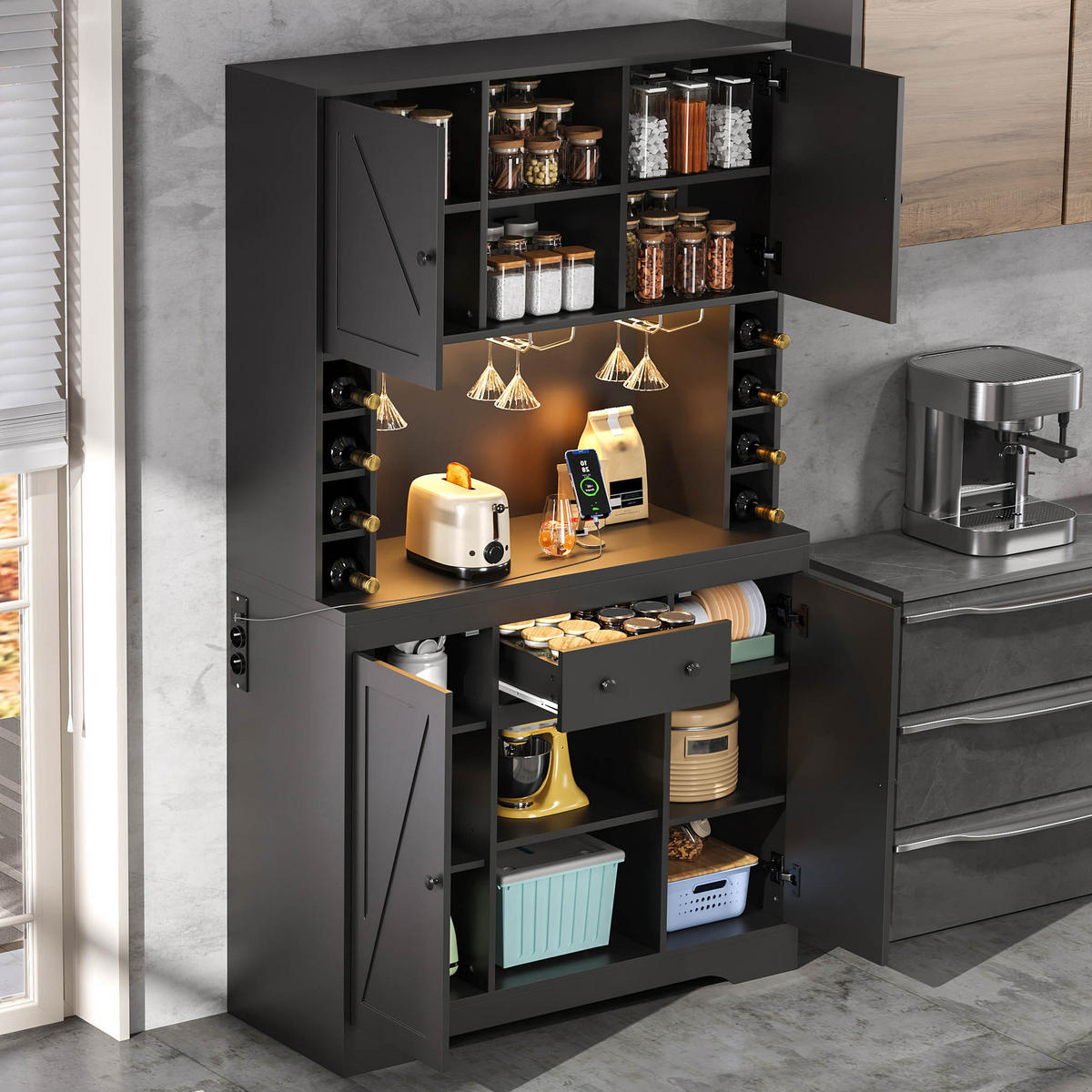 BUFFET 105/39/180 cm Schwarz mit 1 Schublade, Weinflaschenfächern und farbwechselnder LED-Beleuchtung - Schwarz, Holz (105/180/40cm) - Oxeza