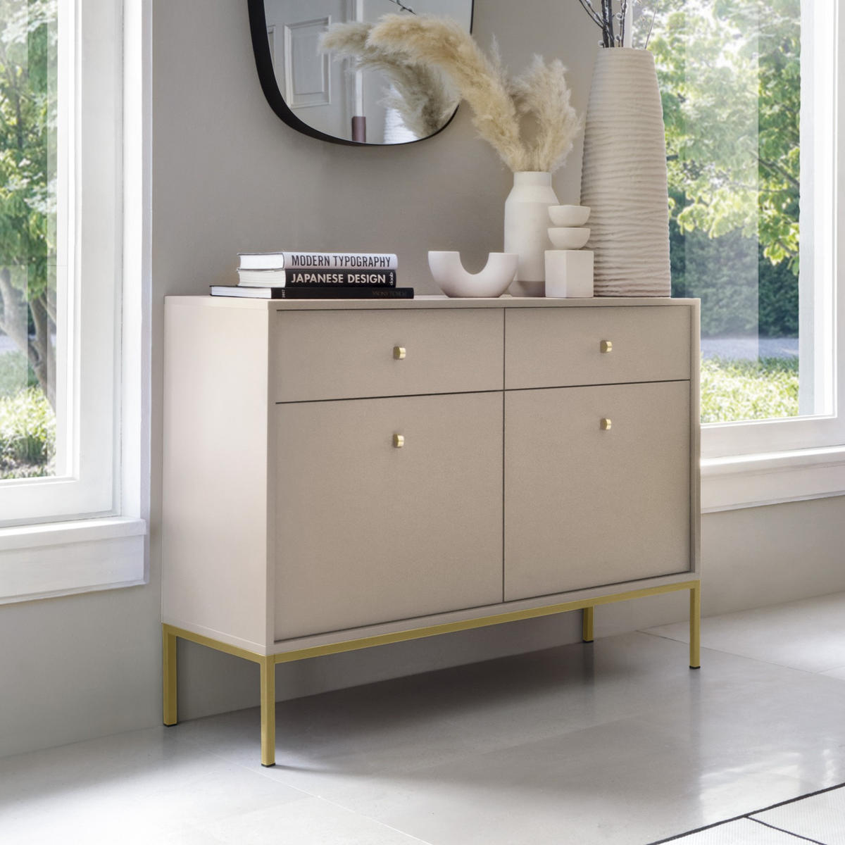 KOMMODE BARI K2D2SZ (Beige, Goldene Griffe, Goldenes Gestell, Schubladen) - Beige/Goldfarben, Holz/Holzwerkstoff (104/83/39cm) - Ravio