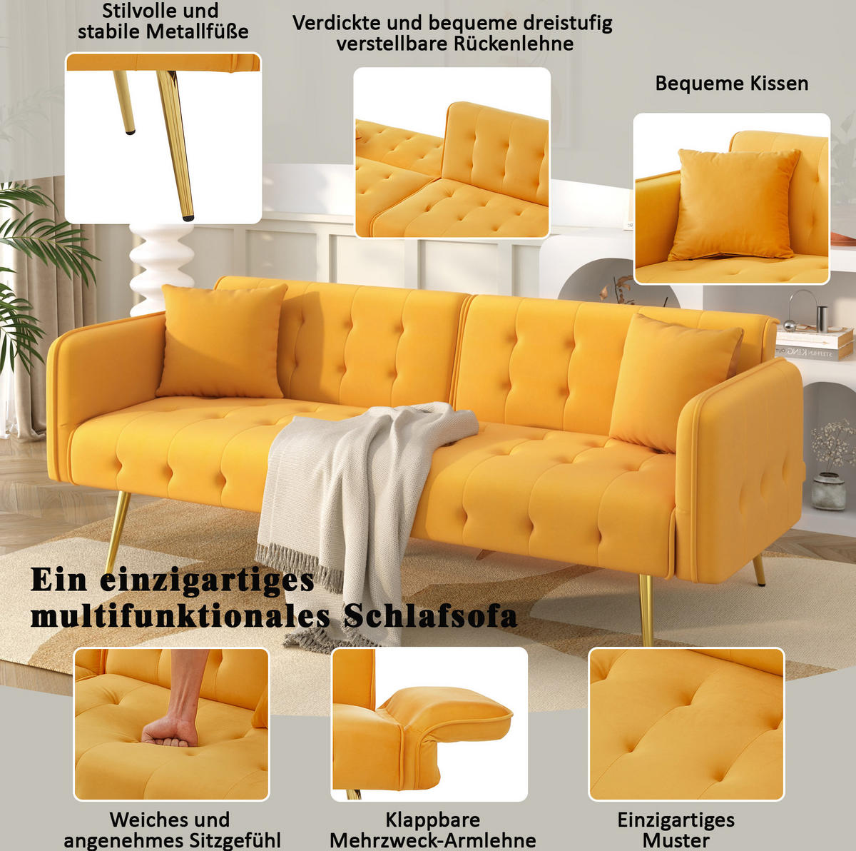 SOFABETT Samt mit verstellbarer Rückenlehne und Armlehnen Gelb 178/82/70 cm - Gelb, Textil (82/70/178cm) - Redom