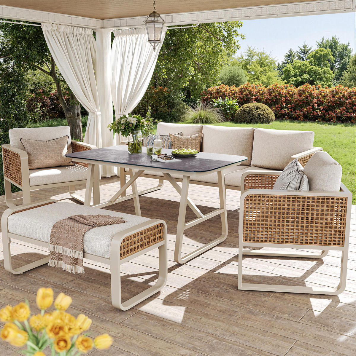 GARTENMÖBEL 178x61x76cm beige aus PE-Rattan - Beige, Metall - Modfu