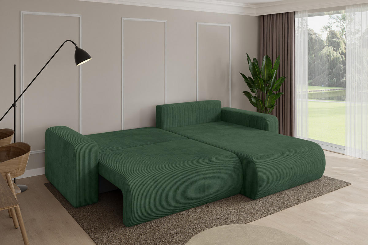 ROHOVÁ SEDAČKA s funkcí spaní, otoman vpravo BERY-L 276x193x88 zelená manšestr - černá/tmavě zelená, kompozitní dřevo/textil (276/193cm) - ALTDECOR