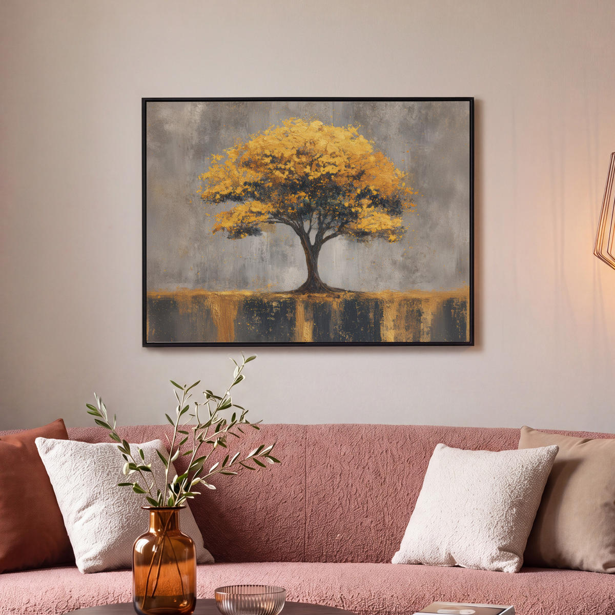 LEINWAND Bilder mit Rahmen - Baum - Blätter - Gold - Abstrakt - 80x60 - Grau, Textil (80/60cm) - MuchoWow