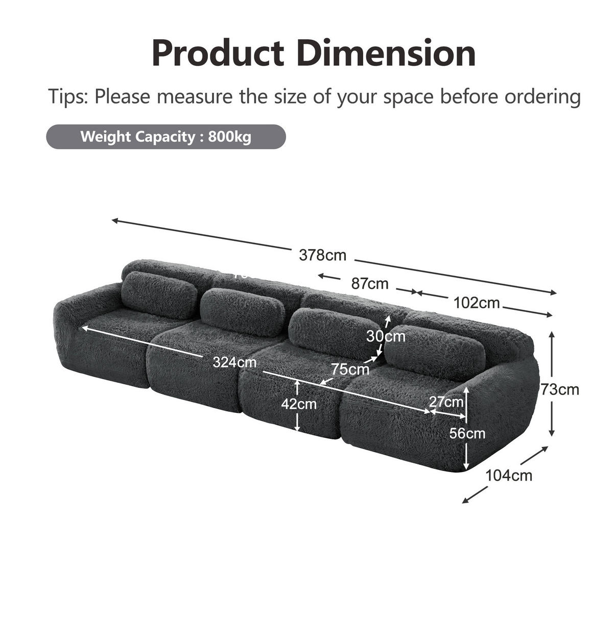 4-SITZER Sofa aus Plüsch mit modularem bonelosem Design Grau - Grau, Textil (104/73/378cm) - Modenvie