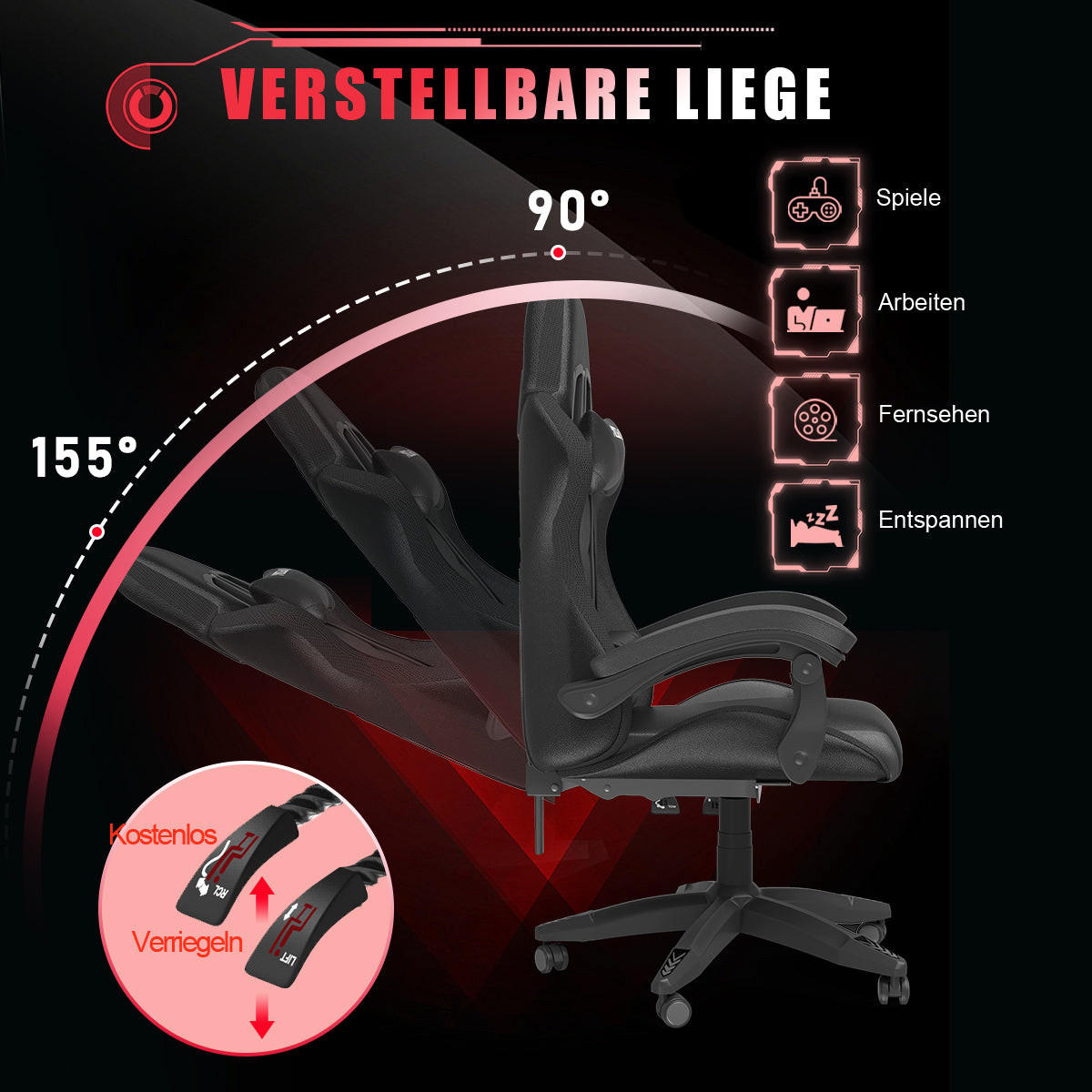 GAMING-STUHL LED, höhenverstellbar, Lenden- & Kopfstütze – Schwarz - Schwarz, Leder (53.5/117/54cm) - Rattantree
