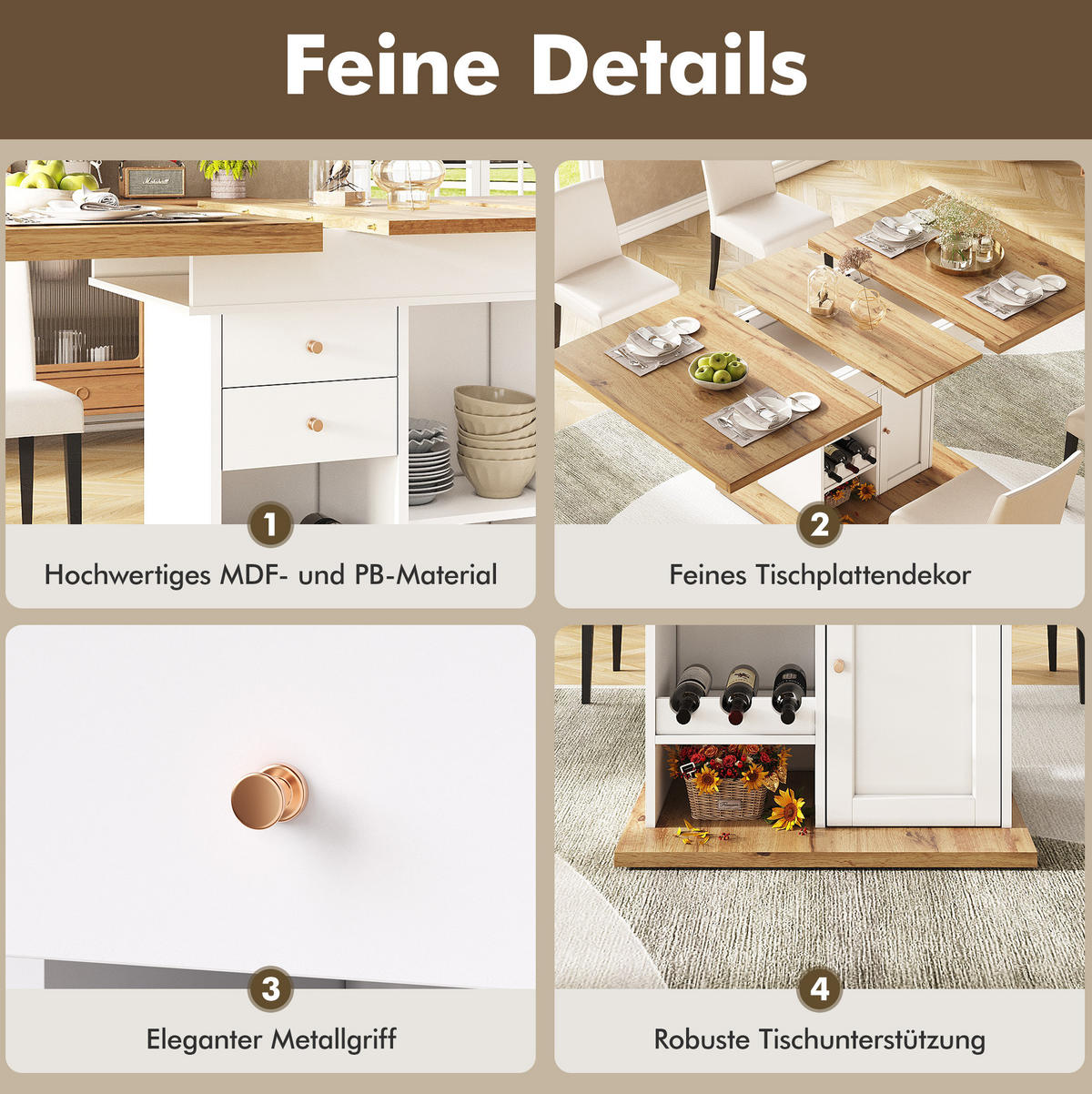 AUSZIEHBARER Esstisch MDF mit Stauraum & Weinregal, 110-140/80/75 cm, Natur/Weiß - Weiß, Holzwerkstoff (110/80/75cm) - Redom