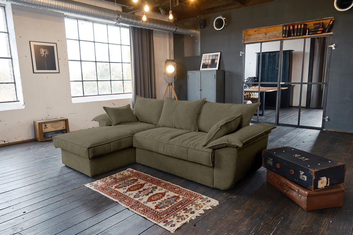 ECKSOFA DAMETO Grün Cord - Schwarz/Olivgrün, Kunststoff/Textil (266/174cm) - KAWOLA
