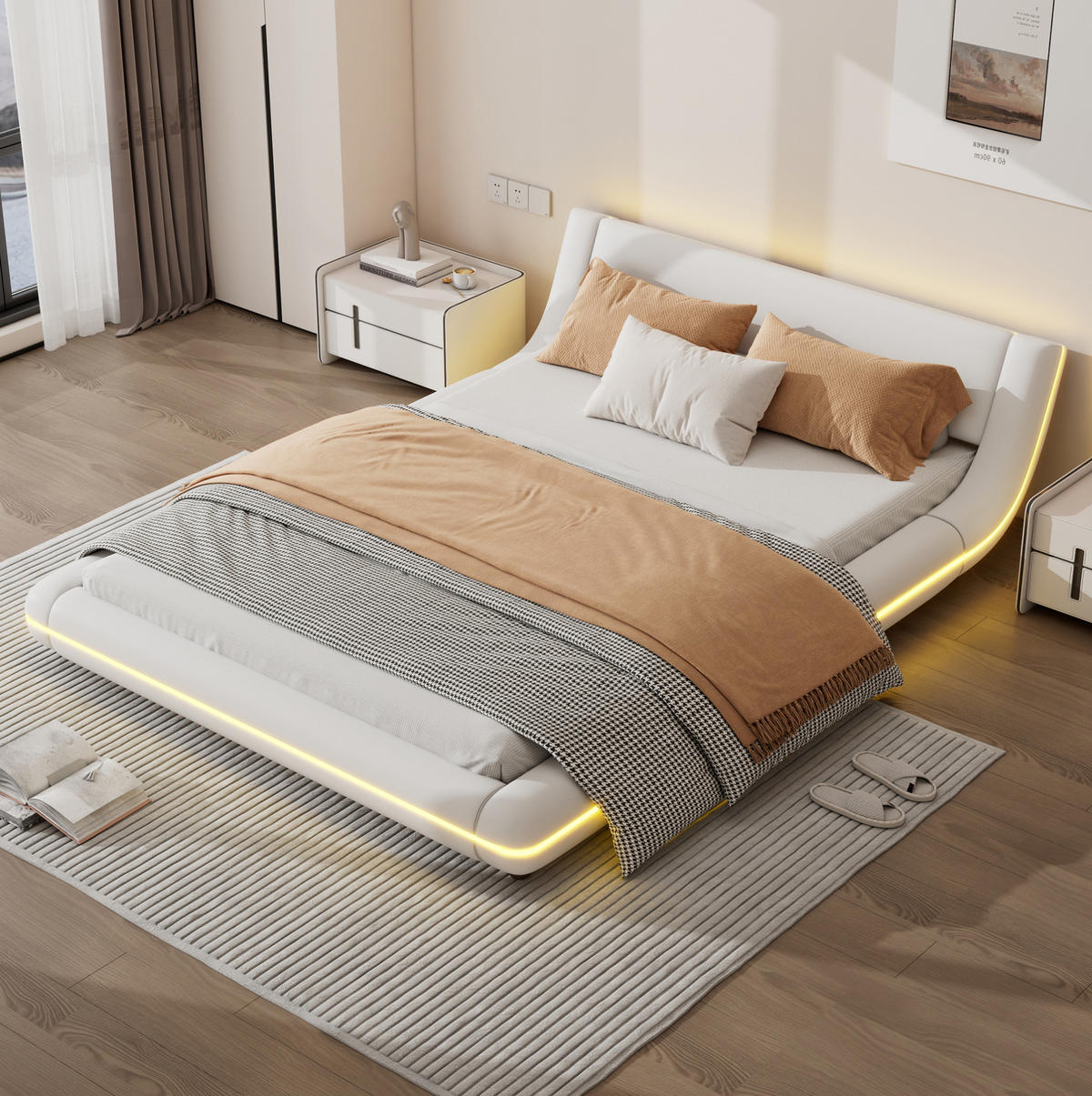 KREVET 140/200 cm s LED ambijentalnim osvjetljenjem i PU presvlakom, Bijela - bijela, koža (140/200cm) - Redom