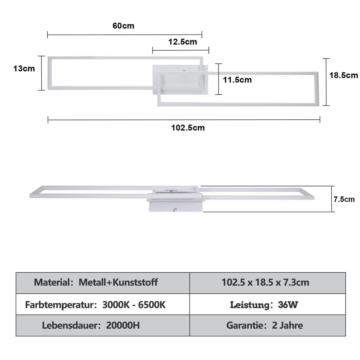 LED-DECKENLEUCHTE Lundquist 18.5/102.5/7.3cm - Weiß, Metall (102.5/18.5/7.3cm) - Nettlife