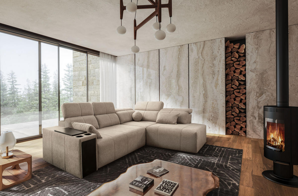 ECKSOFA Mindy VII mit Schlaffunktion und verstellbarer Rückenlehne, Stoff Verita KaltesBeige Rechts - Creme, Holz/Textil (288/230cm) - Kaiser Möbel