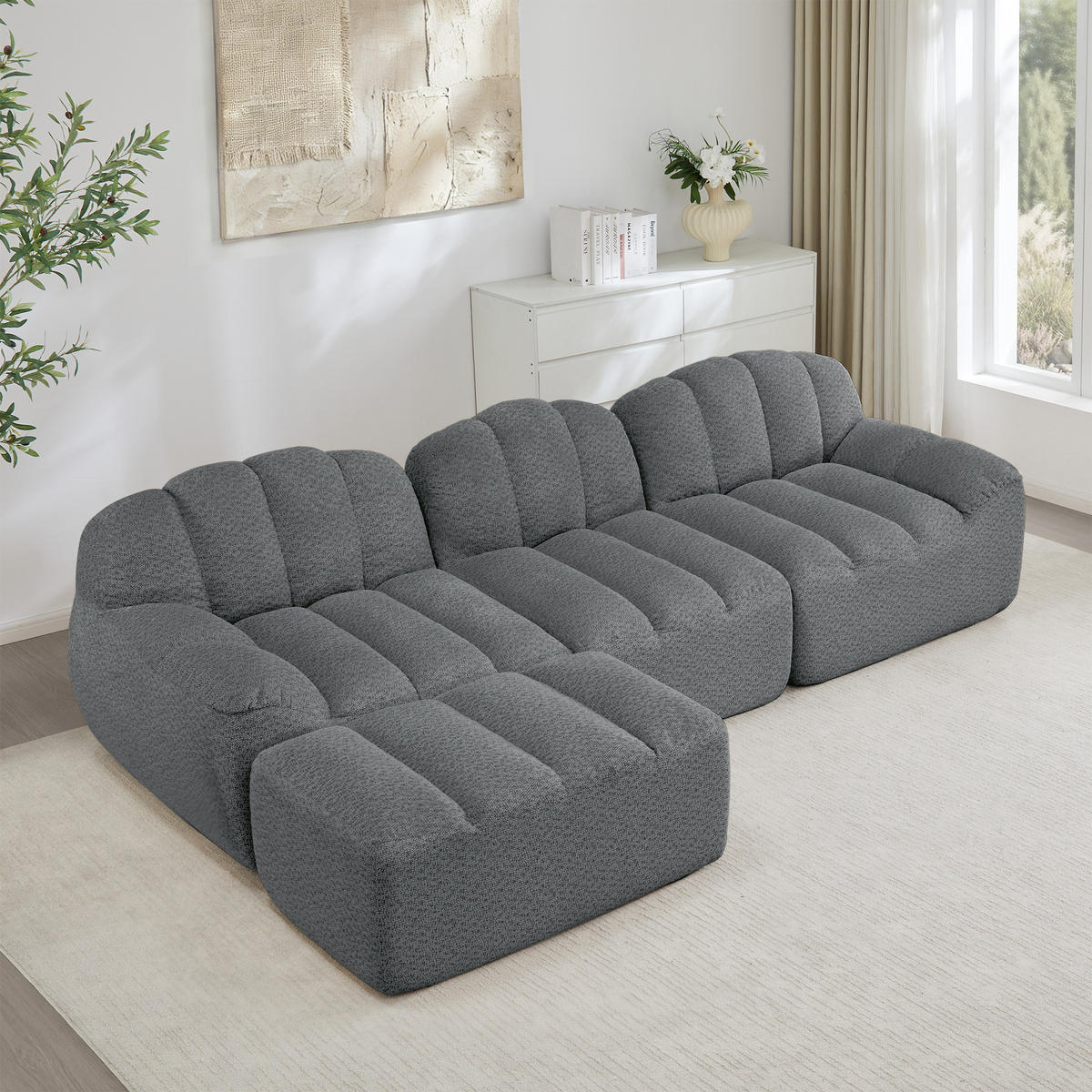 3-SITZER ECKSOFA Granulierter Fleece Grau mit Ottomane - Grau, Textil (288/165cm) - WISHDOR