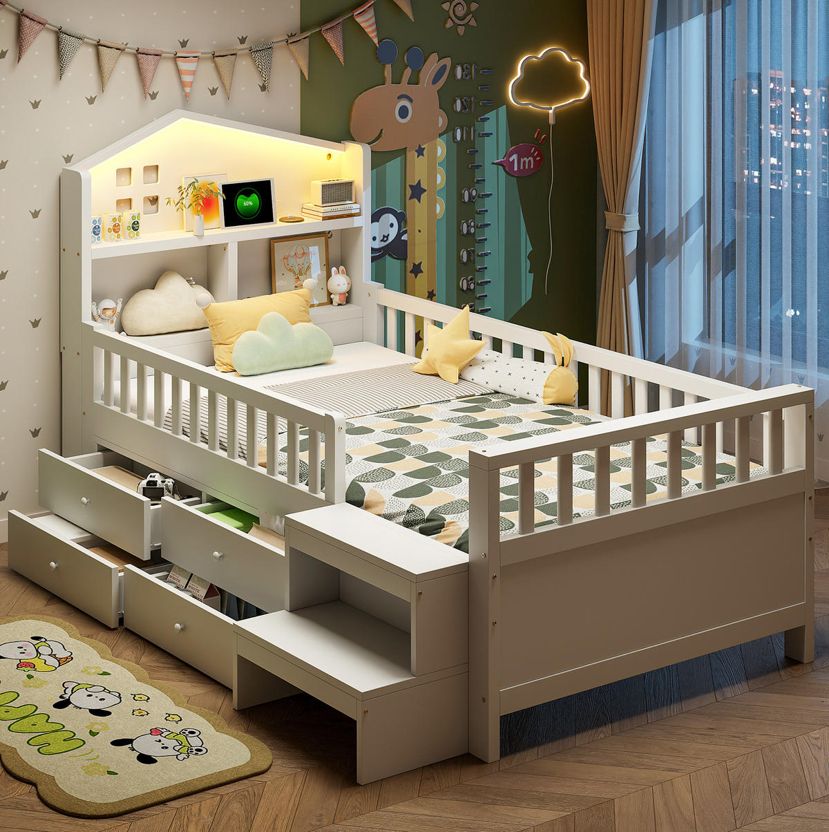 KINDERBETT mit 4 Schubladen 90x200 cm Weiß mit LED und Ladeanschlüssen - Weiß, Holzwerkstoff (90/200cm) - Beauniv