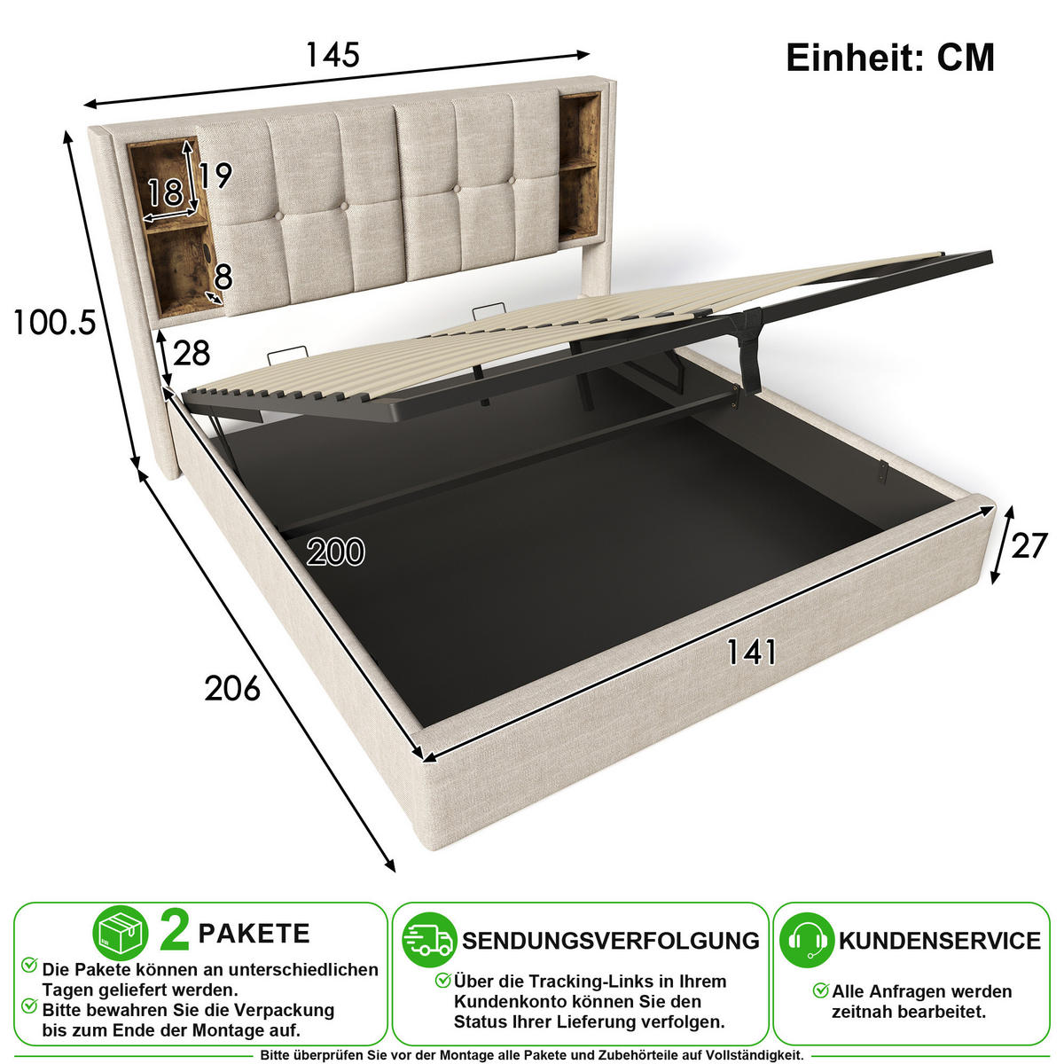 POLSTERBETT 140/200 cm in Natur mit Bettkasten, Kabellosem Laden, USB und Typ-C Leinen - Naturfarben, Holzwerkstoff/Textil (140/200cm) - CHICFURN