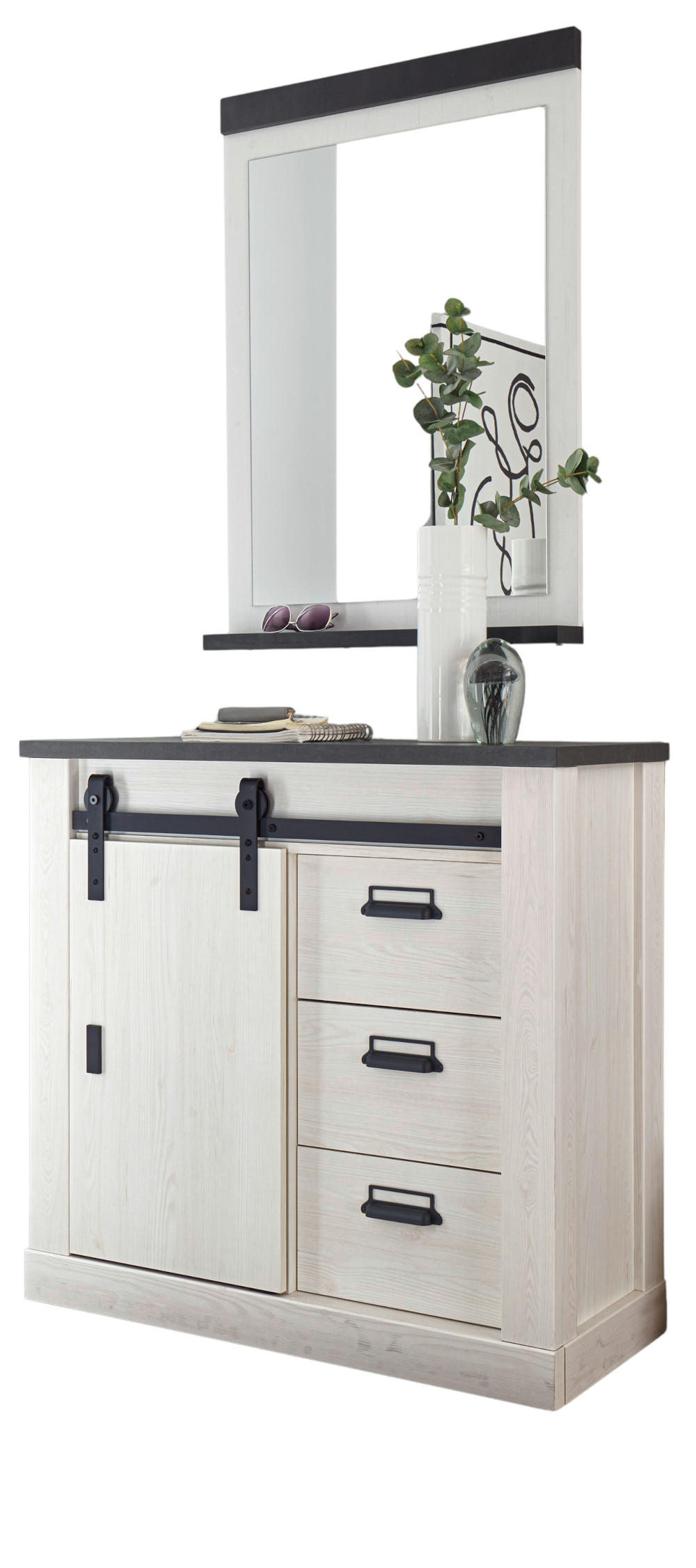 GARDEROBEN-SET 2-teilig weiß Pinie, anthrazit, Garderobenkombination mit Kommode, Spiegel - Anthrazit/Weiß, Holzwerkstoff (93/200/43cm) - Furn.Design